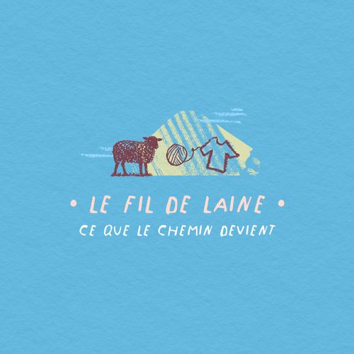 Illustration du fil de laine, ce que le chemin devient, avec une brebis, une pelote de laine et un vêtement stylisés. - Atelier Tuffery