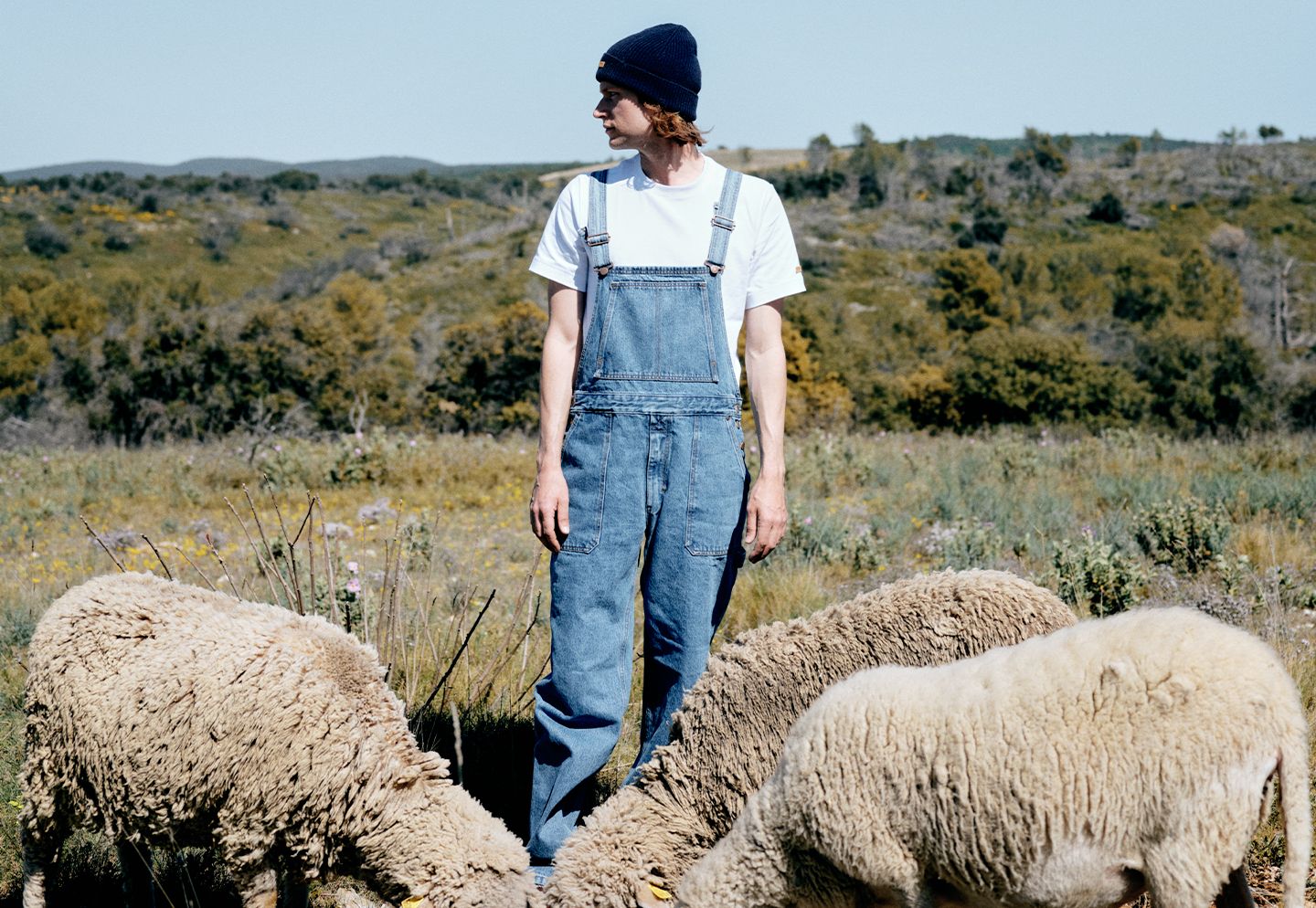 Homme portant une salopette en denim au milieu d’un troupeau de brebis. | Atelier Tuffery