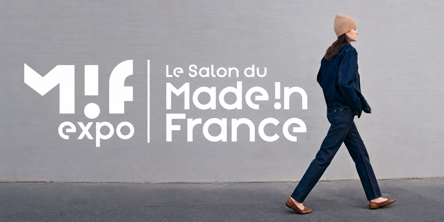 Mannequin portant une tenue en denim Atelier TUFFERY, avec le logo du Salon du Made in France, à l’occasion du MIF Expo 2026. | Atelier TUFFERY