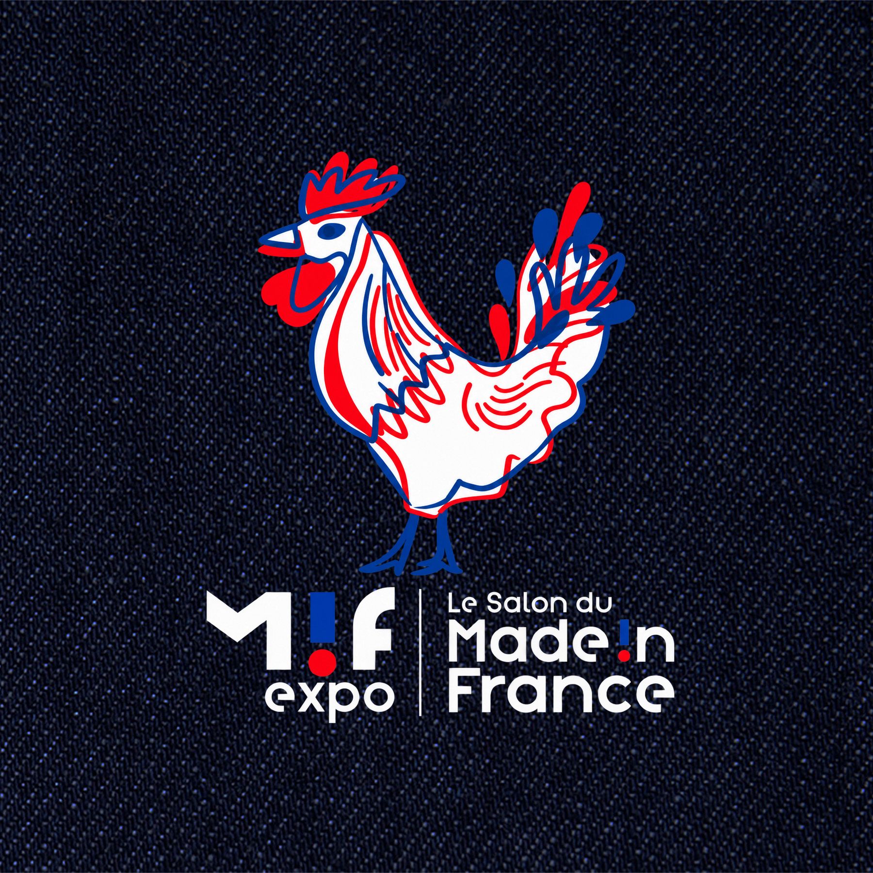 Coq tricolore et logo du Salon du Made in France sur fond denim bleu, pour la participation d’Atelier TUFFERY au MIF Expo 2026. | Atelier Tuffery