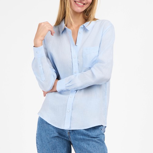 Chemise femme Aubrac bleu clair en lin français, coupe ajustée et manches longues – Atelier Tuffery - Atelier Tuffery