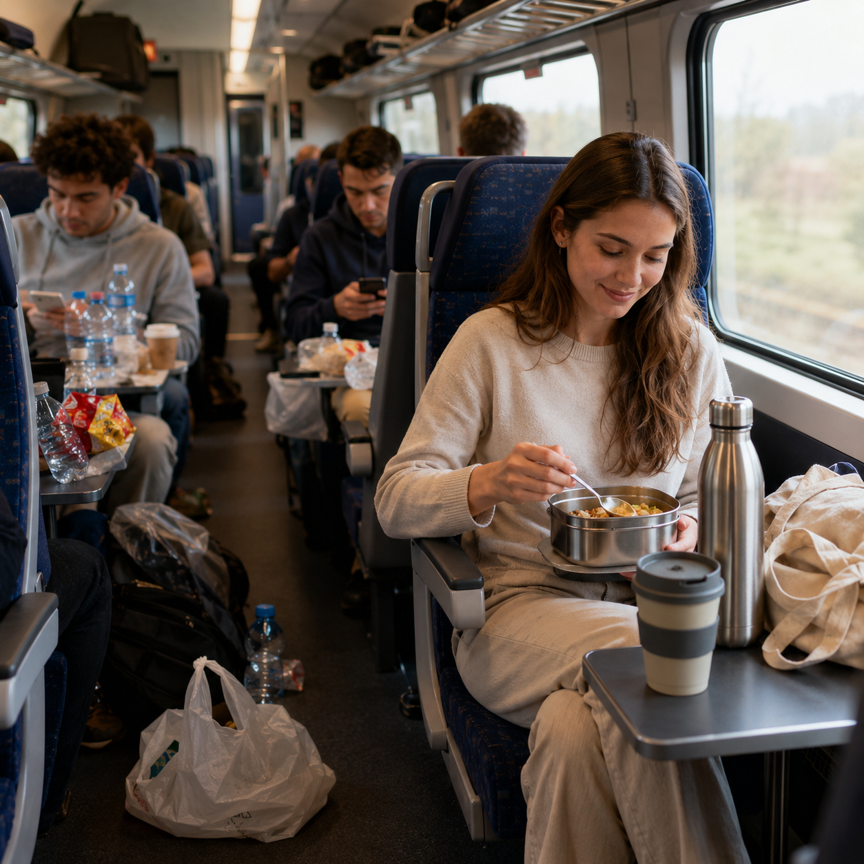 Een vrouw geniet van een maaltijd in de trein. Ze zit bij het raam met een voedselcontainer, thermosfles en beker op haar tafeltje. Achter haar zitten andere passagiers.