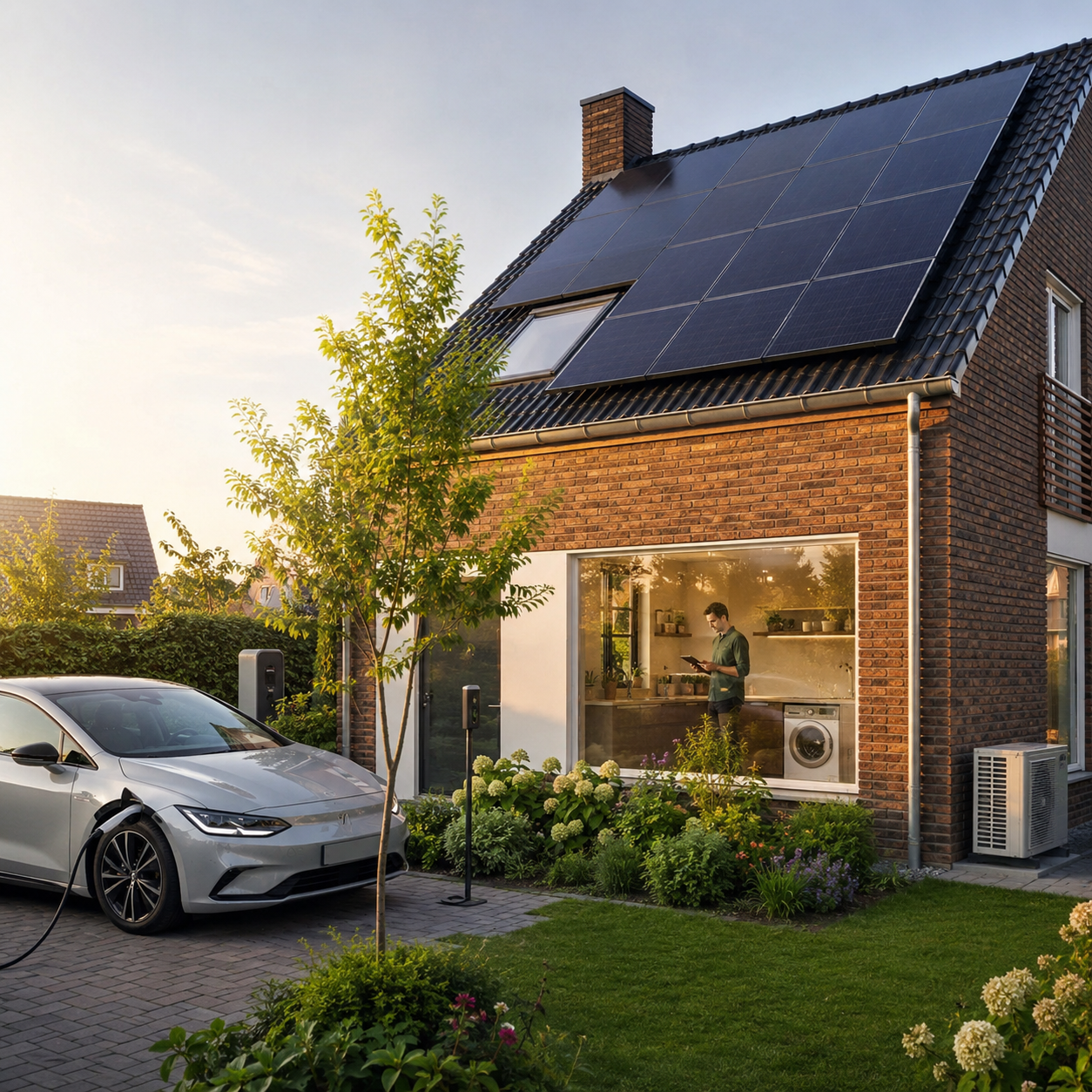 Modern huis met zonnepanelen, een elektrische auto die buiten oplaadt en een persoon die door het raam zichtbaar is, in een weelderige tuinomgeving.