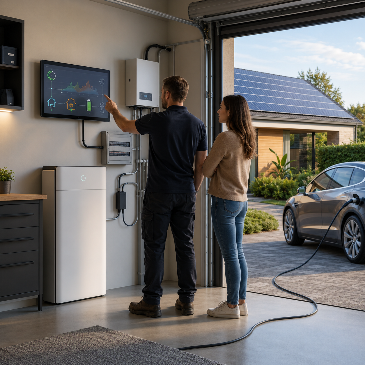 Twee mensen bekijken een monitor voor zonne-energie in een moderne garage met een opladende elektrische auto, terwijl op het dak van het huis zonnepanelen zichtbaar zijn.