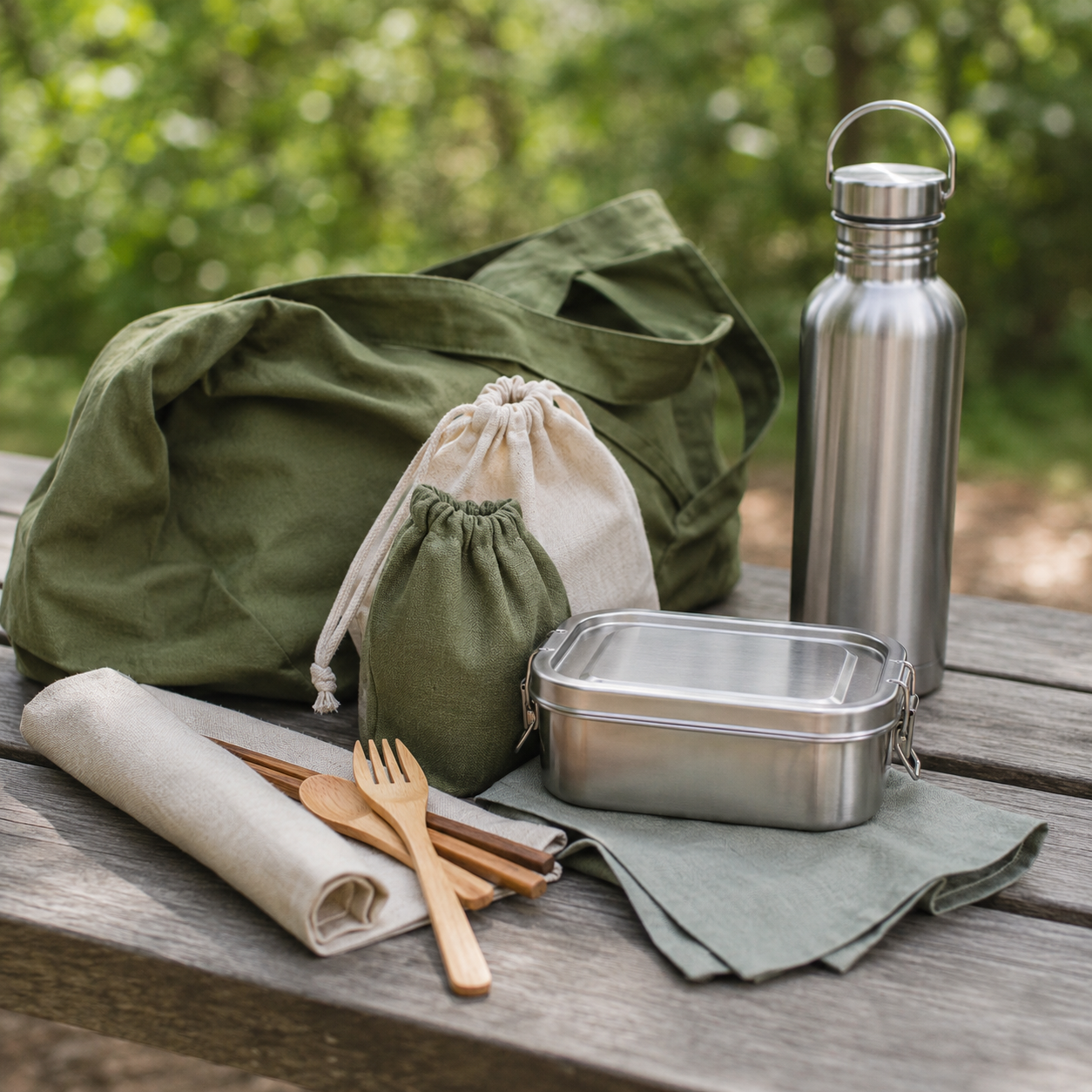 Op een tafel ligt een groene zak met allemaal plasticvrije alternatieven voor op de camping