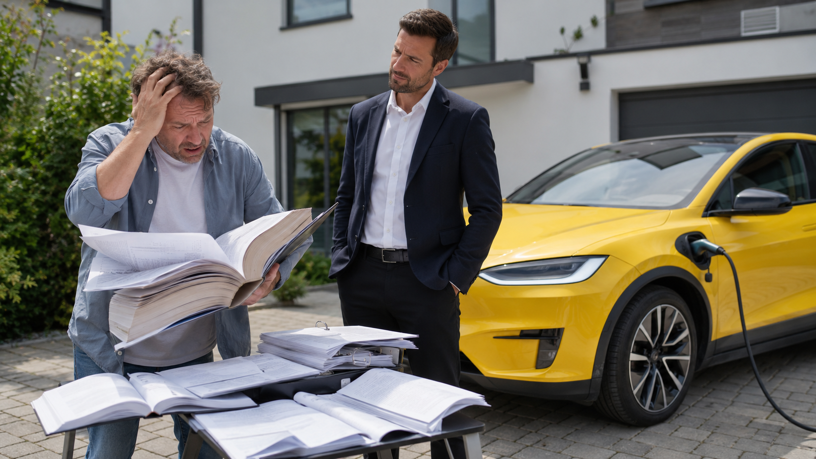 Een man kijkt gefrustreerd naar papierwerk bij een gele elektrische auto, terwijl een andere man toekijkt, buiten bij een moderne woning.