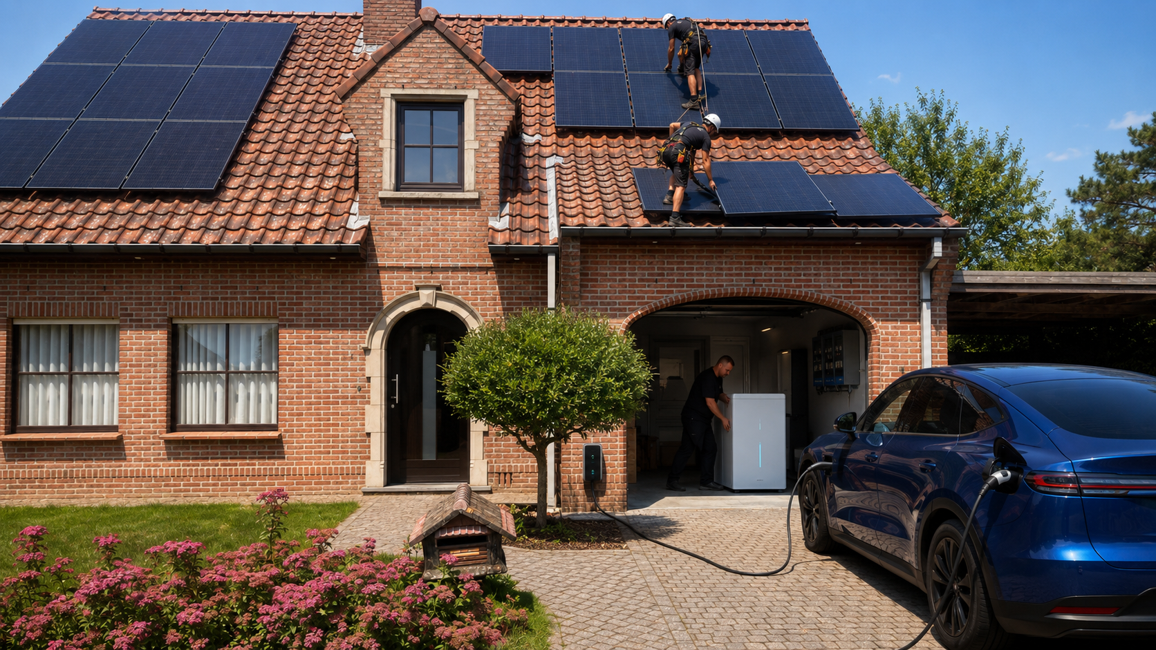 Werknemers die zonnepanelen installeren op een bakstenen woning; op de oprit wordt een elektrische auto opgeladen.
