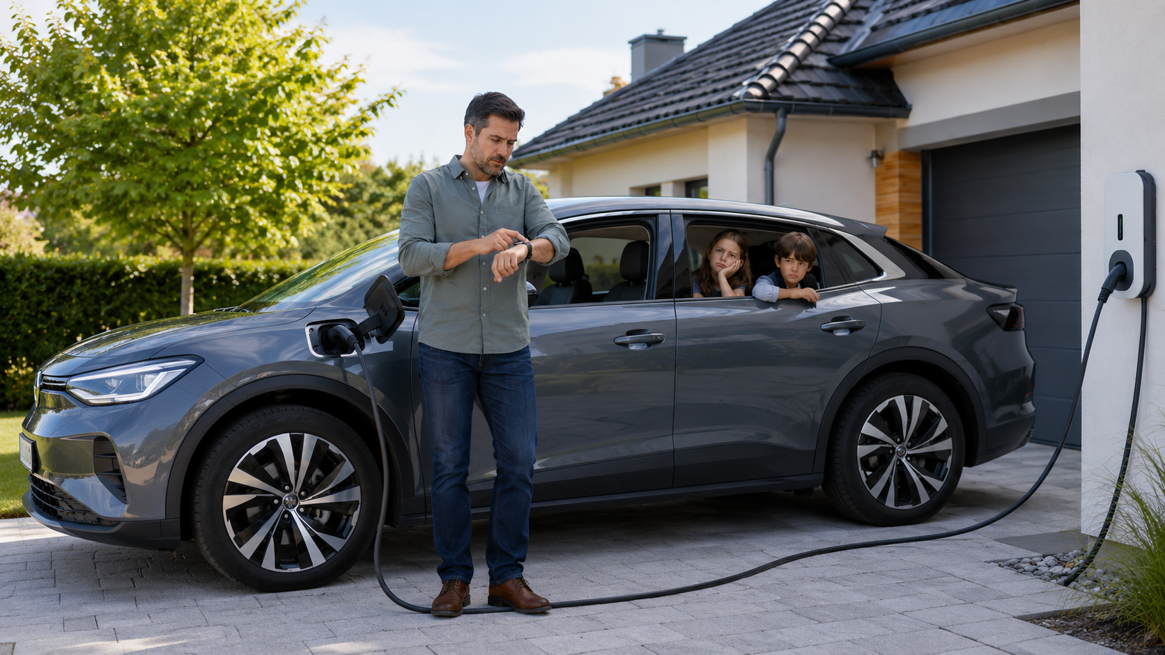 Een man kijkt op zijn horloge terwijl hij wacht tot de elektrische auto is opgeladen; in de auto zitten twee verveelde kinderen. Op de achtergrond zijn een huis en bomen te zien.