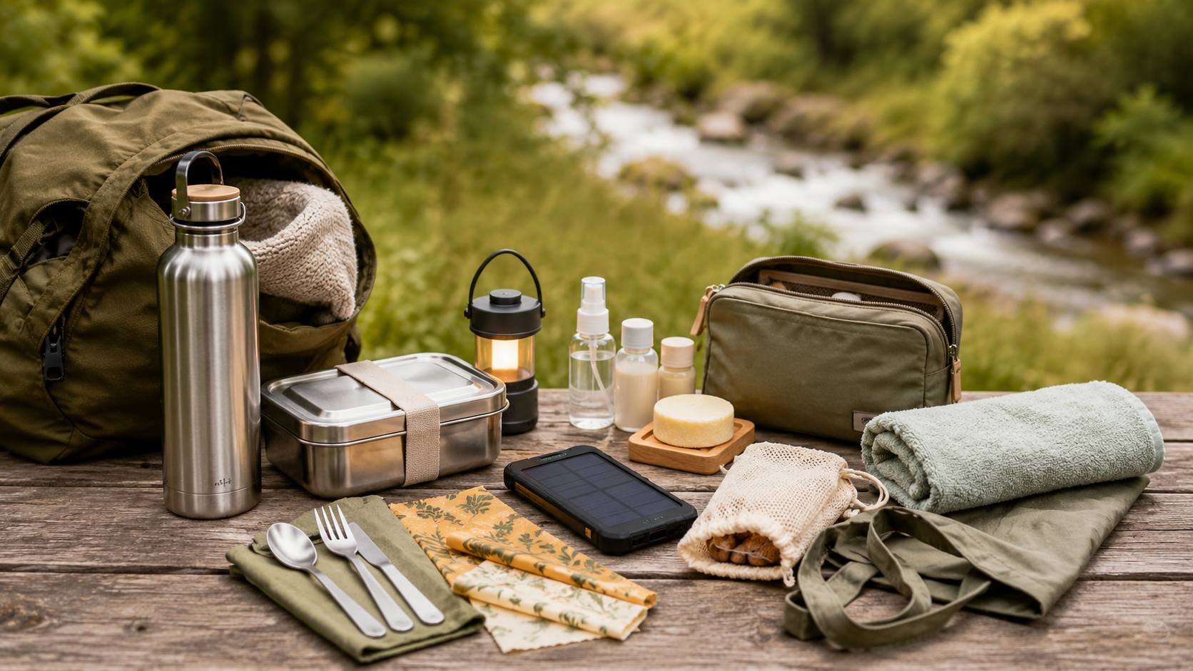 Houten tafel met mooie duurzame cadeaus zoals een solar powerbank, bestek, waterfles en ledlamp