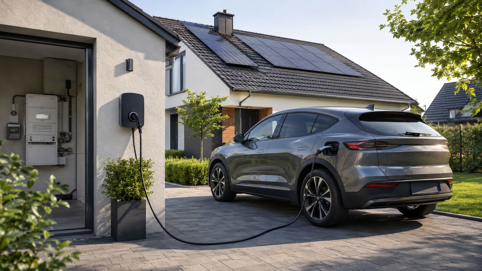 Elektrische SUV die thuis wordt opgeladen, met zonnepanelen op het dak en aangesloten op een aan de muur gemonteerde laadpaal.
