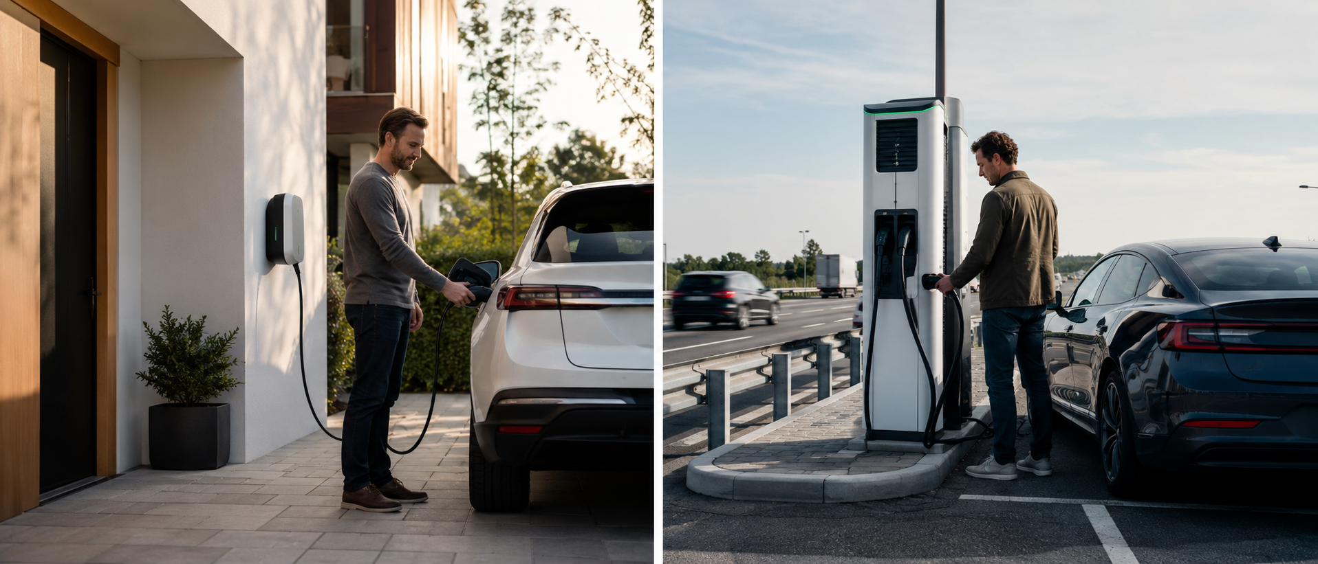 Links: persoon die thuis een elektrische auto oplaadt. Rechts: persoon die een elektrische auto oplaadt aan een openbaar laadstation langs de snelweg.