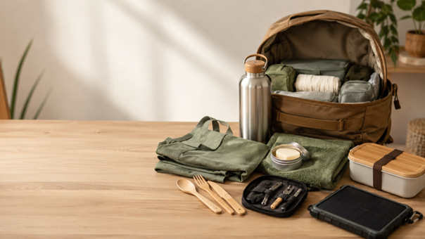 Milieuvriendelijke kampeeruitrusting op een houten tafel, waaronder een rugzak, een metalen drinkfles, een opvouwbare lunchbox, bestek, stoffen zakjes en een zonneoplader.