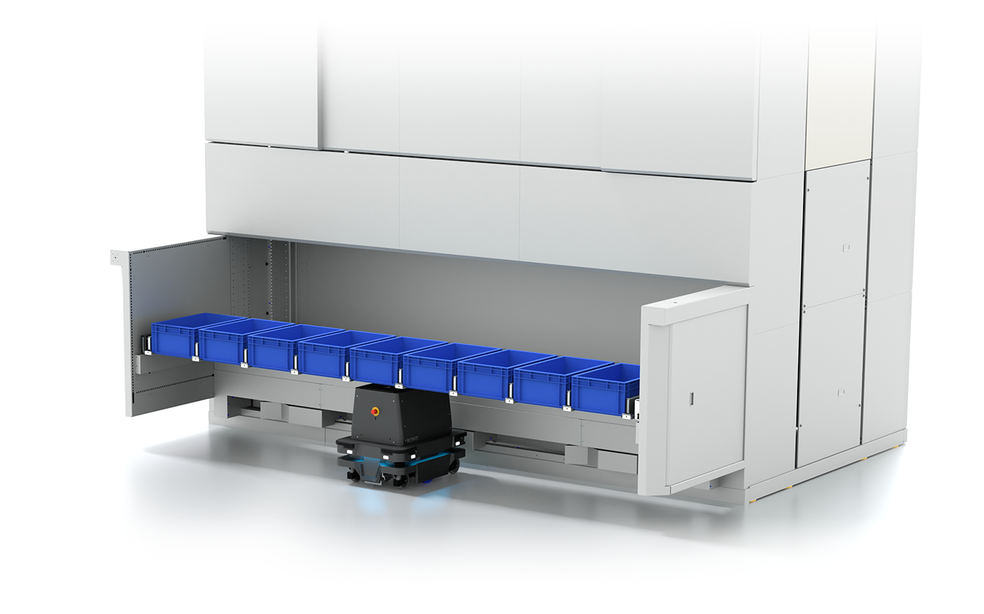 The Modula VLM AMR Integration with a MiR250 picking up containers