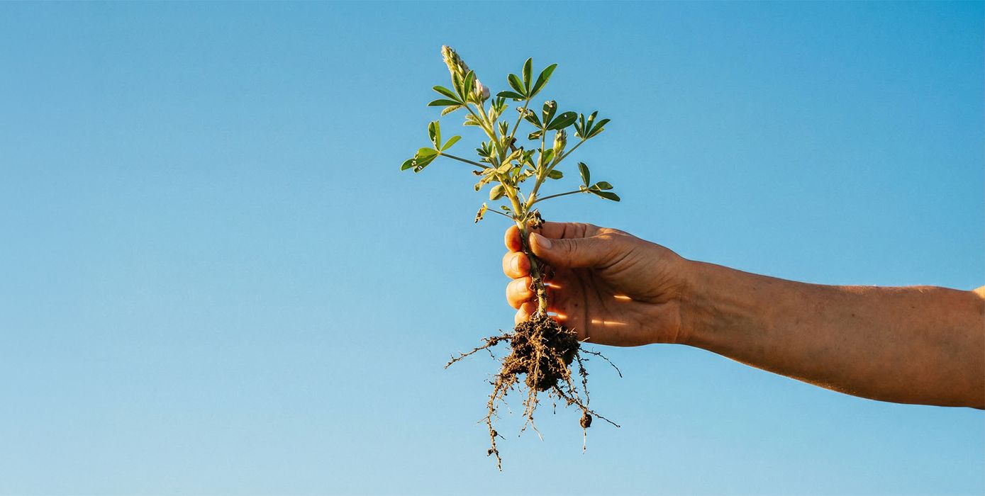 Hand holding lupine plant in the sky