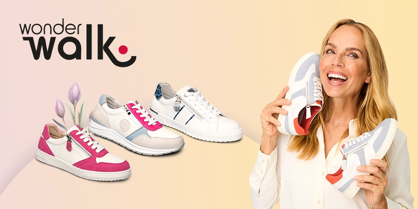 Lächelnde Frau, die einen Sneaker in der Hand hält, neben ihr sind drei bunte Sneaker zu sehen. Das „Wonder Walk“-Logo befindet sich in der oberen linken Ecke.