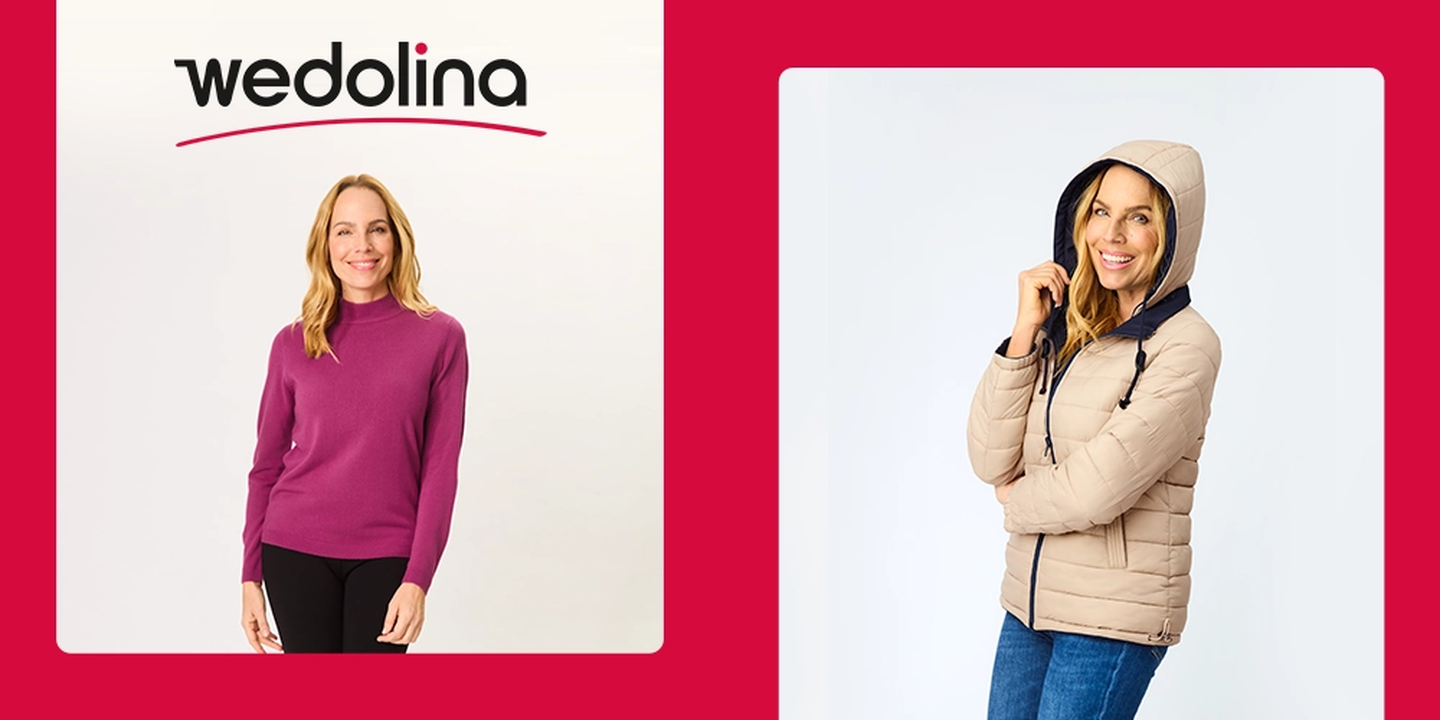 Zwei Bilder einer Frau: links in einem violetten Pullover, rechts in einer beigen Kapuzenjacke. Das Logo der Marke „wedolina“ befindet sich über dem linken Bild.