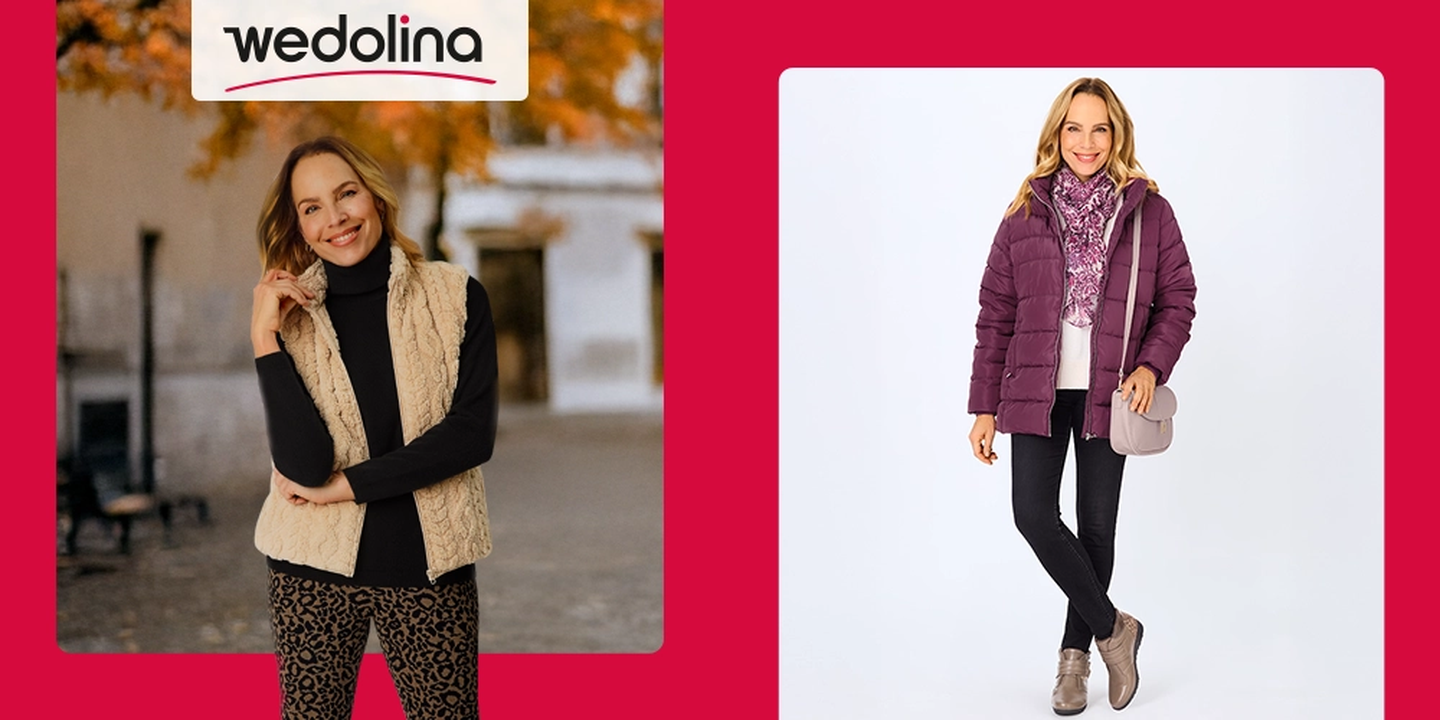 Zwei Frauen in Herbst- und Winteroutfits von Wedolina; die eine trägt eine beigefarbene Pelzweste, die andere eine lila Daunenjacke, einen Schal und eine Umhängetasche.