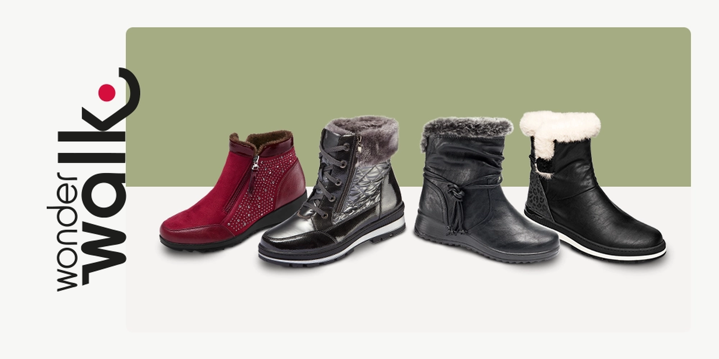 Vier stilvolle Winterstiefel in Rot und Schwarz mit Fellfutter und dekorativen Details, präsentiert auf einem grün-weißen Hintergrund mit dem Schriftzug „wonder walk“.