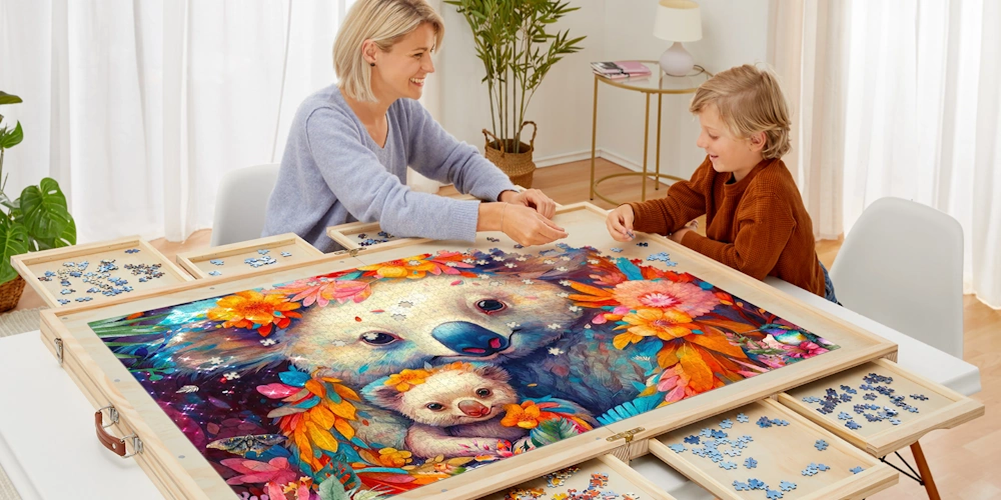 Eine Frau und ein Kind basteln fröhlich an einem bunten Koala-Puzzle an einem Puzzletisch in einem hellen Raum mit grünen Pflanzen und weißen Vorhängen.