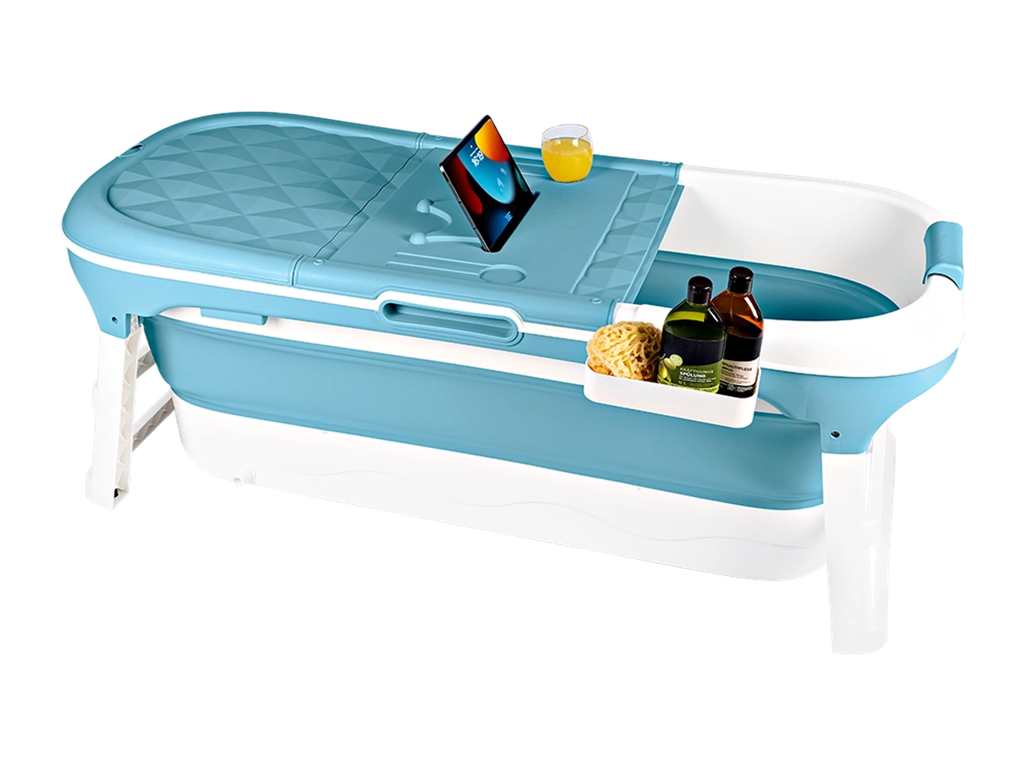 Zusammenklappbare blau-weiße Badewanne mit einem Tablett für Tabletten, Getränke, Snacks und Flaschen, für ein bequemes und entspannendes Bad.