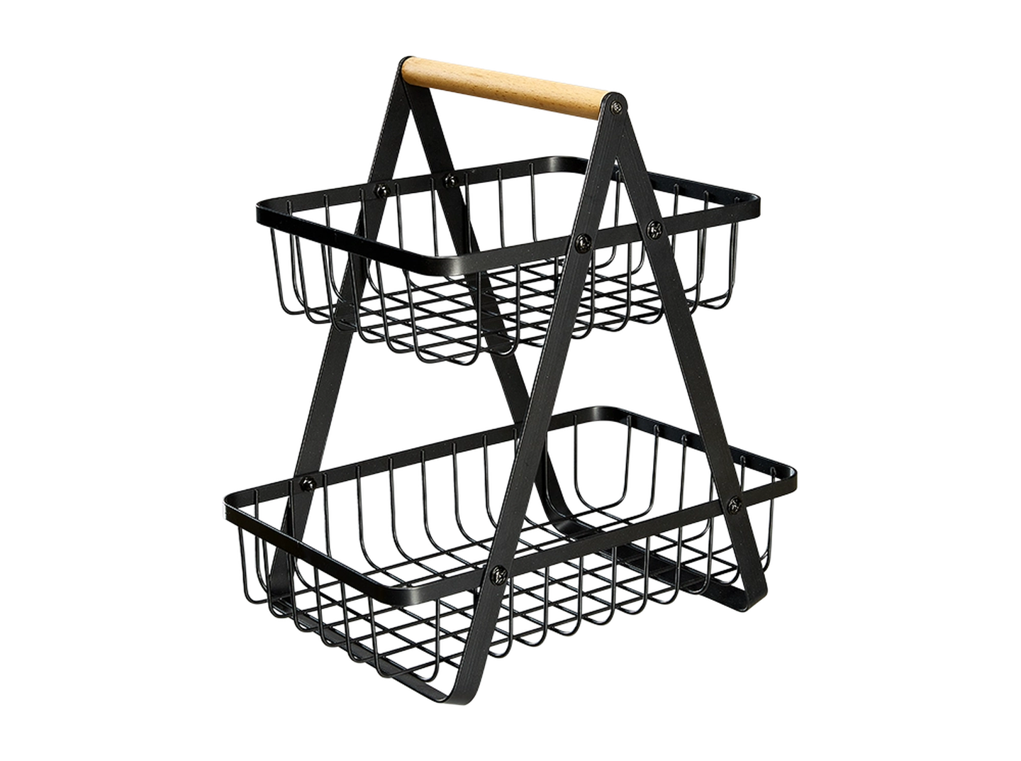 Zweistufiger Metallkorb mit Holzgriff. Der obere Korb ist kleiner, und beide Ebenen haben ein Gittermuster, ideal zur Aufbewahrung oder Präsentation.