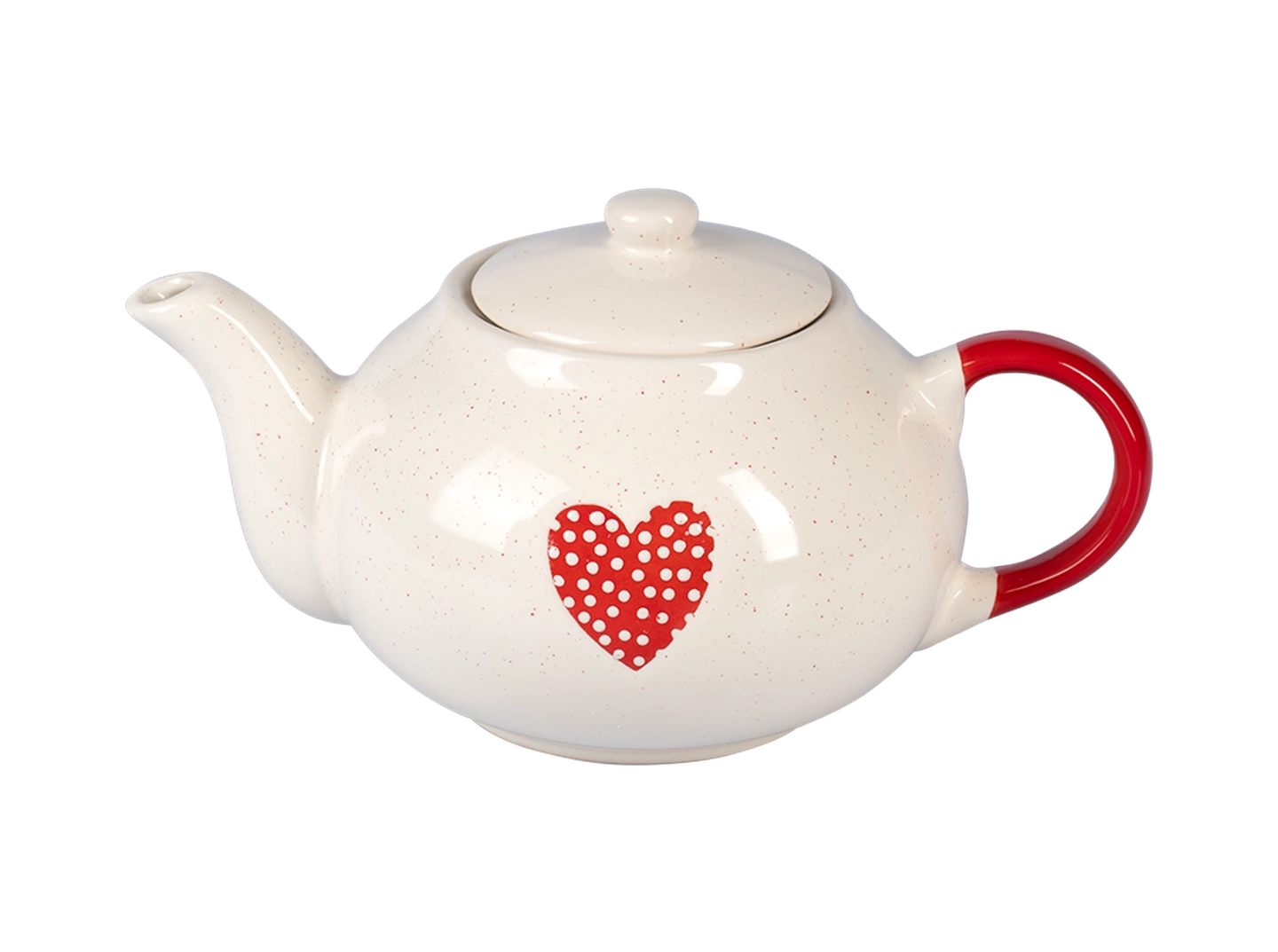 Weiße Teekanne mit rotem Herzmuster und rotem Henkel, mit kleinen weißen Punkten auf dem Herz.