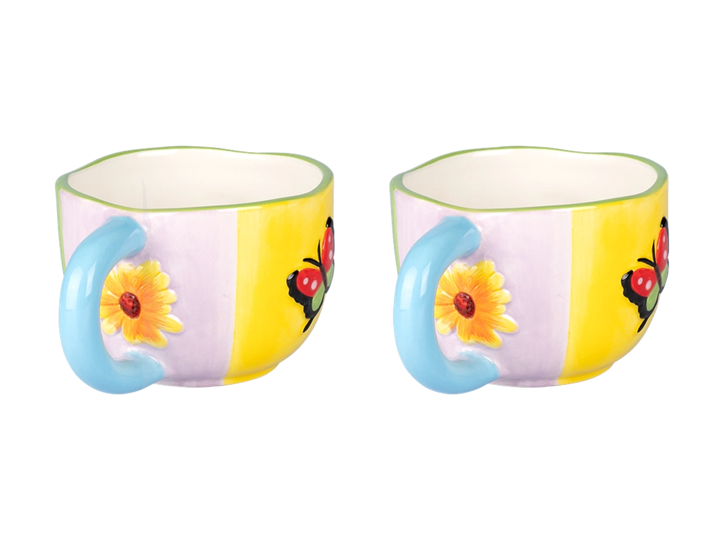 Zwei farbenfrohe Tassen mit hellblauen Henkeln, verziert mit Sonnenblumen- und Marienkäfermotiven auf gelbem und violettem Hintergrund.