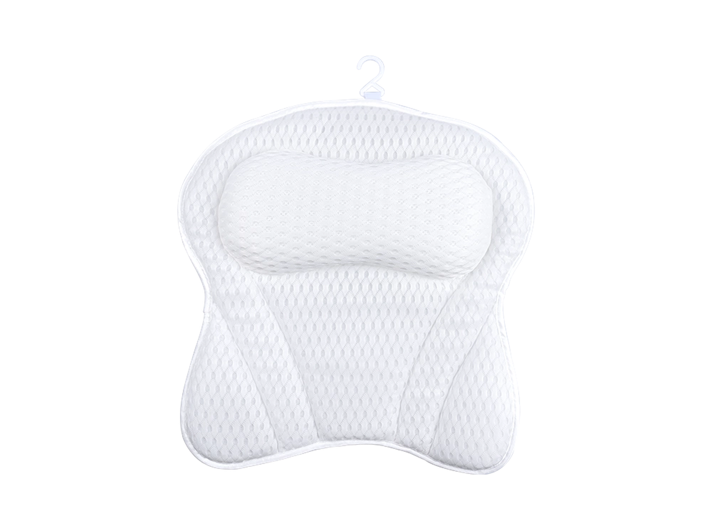Weißes, konturiertes Badekissen mit strukturierter Oberfläche, mit Kopfstütze und ergonomischem Design, auf einfarbigem Hintergrund.