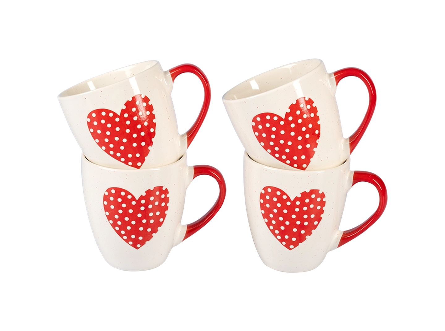 Vier weiße Tassen mit roten Henkeln, jede mit einem roten Herz mit weißen Punkten, zu zwei Paaren gestapelt.