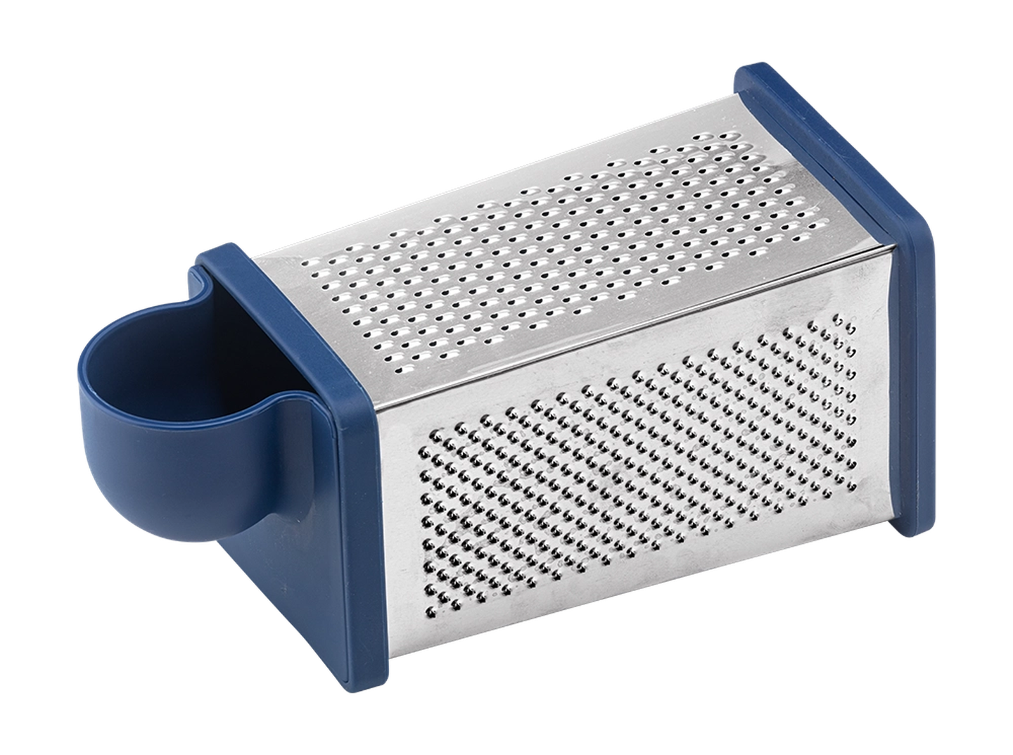 Eine Kastenreibe mit blauem Griff und Becher, die über mehrere Reibeflächen für unterschiedliche Texturen verfügt.