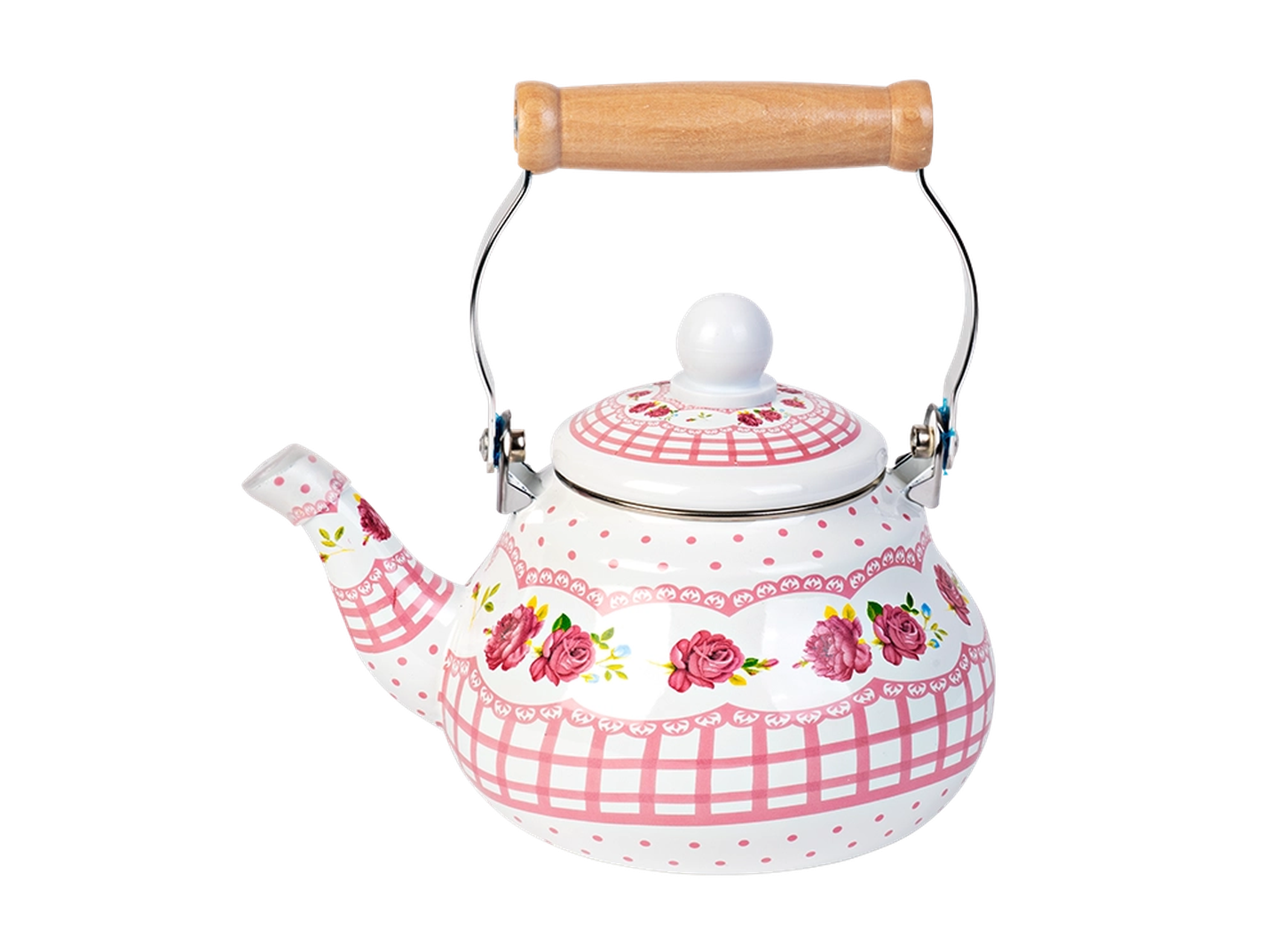 Weiße und rosa Teekanne mit Blumenmuster und Holzgriff, mit Karomuster und Rosenmotiven.