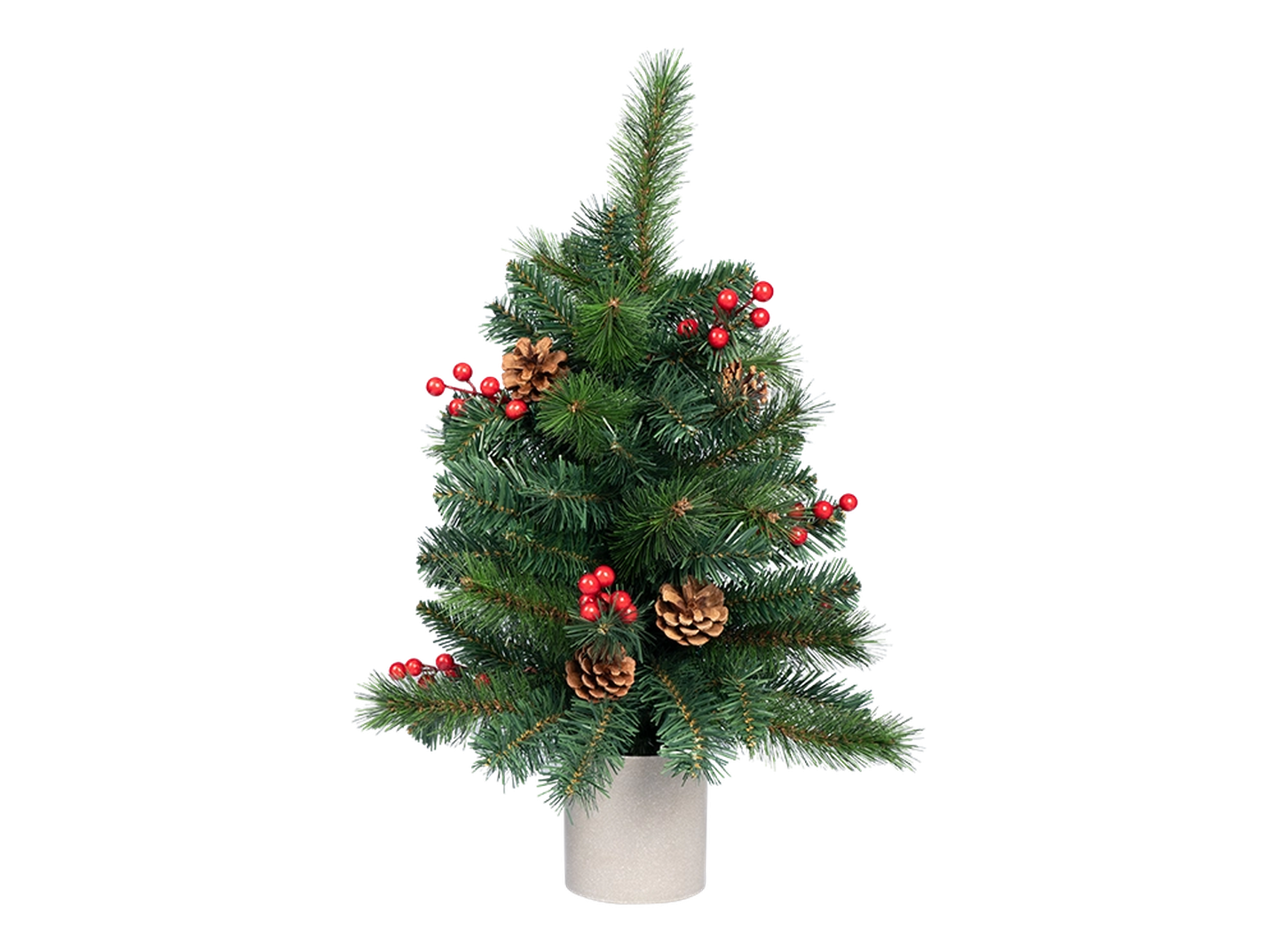 Kleiner künstlicher Weihnachtsbaum mit Tannenzapfen und roten Beeren, in einem beigen Topf, isoliert auf weißem Hintergrund.