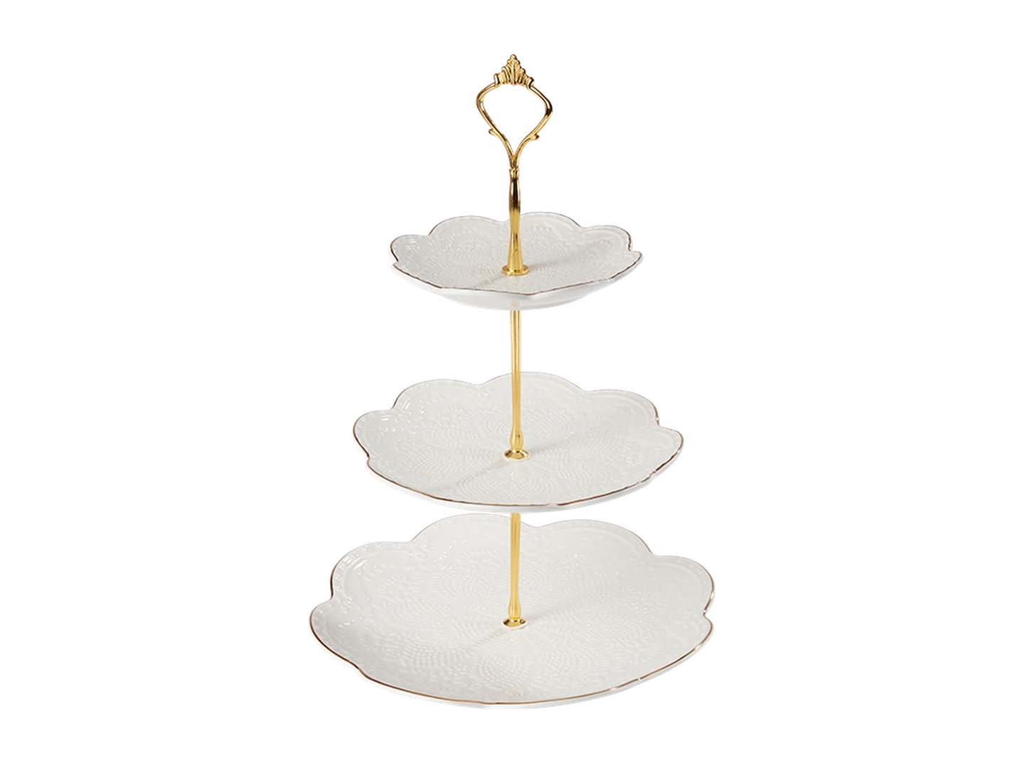 Dreistufiger Servierständer aus weißer Keramik mit goldenen Akzenten und einem dekorativen Griff an der Oberseite.