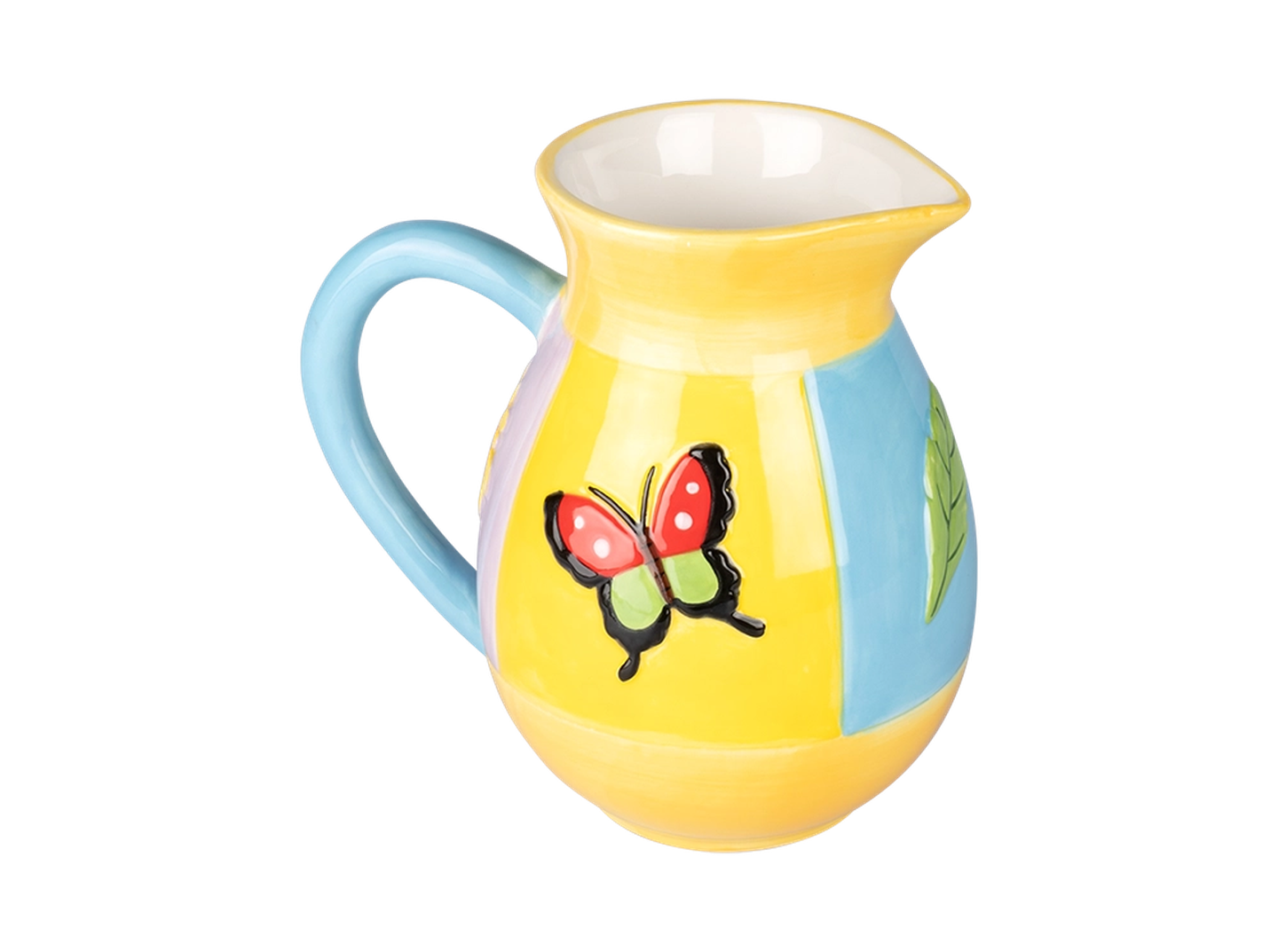 Farbenfroher Keramikkrug mit blauem Henkel, verziert mit einem Schmetterlings- und Blattmotiv auf gelbem und blauem Hintergrund.
