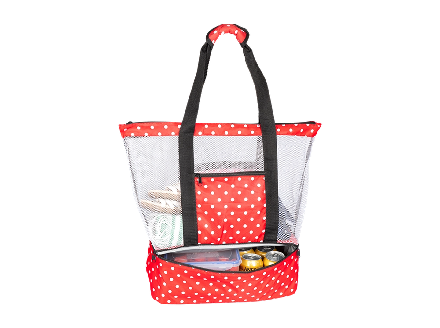 Eine rote Netz-Tragetasche mit schwarzen Trägern, in der sich Handtücher, Schuhe und Getränkedosen in einem Kühlfach unten befinden.