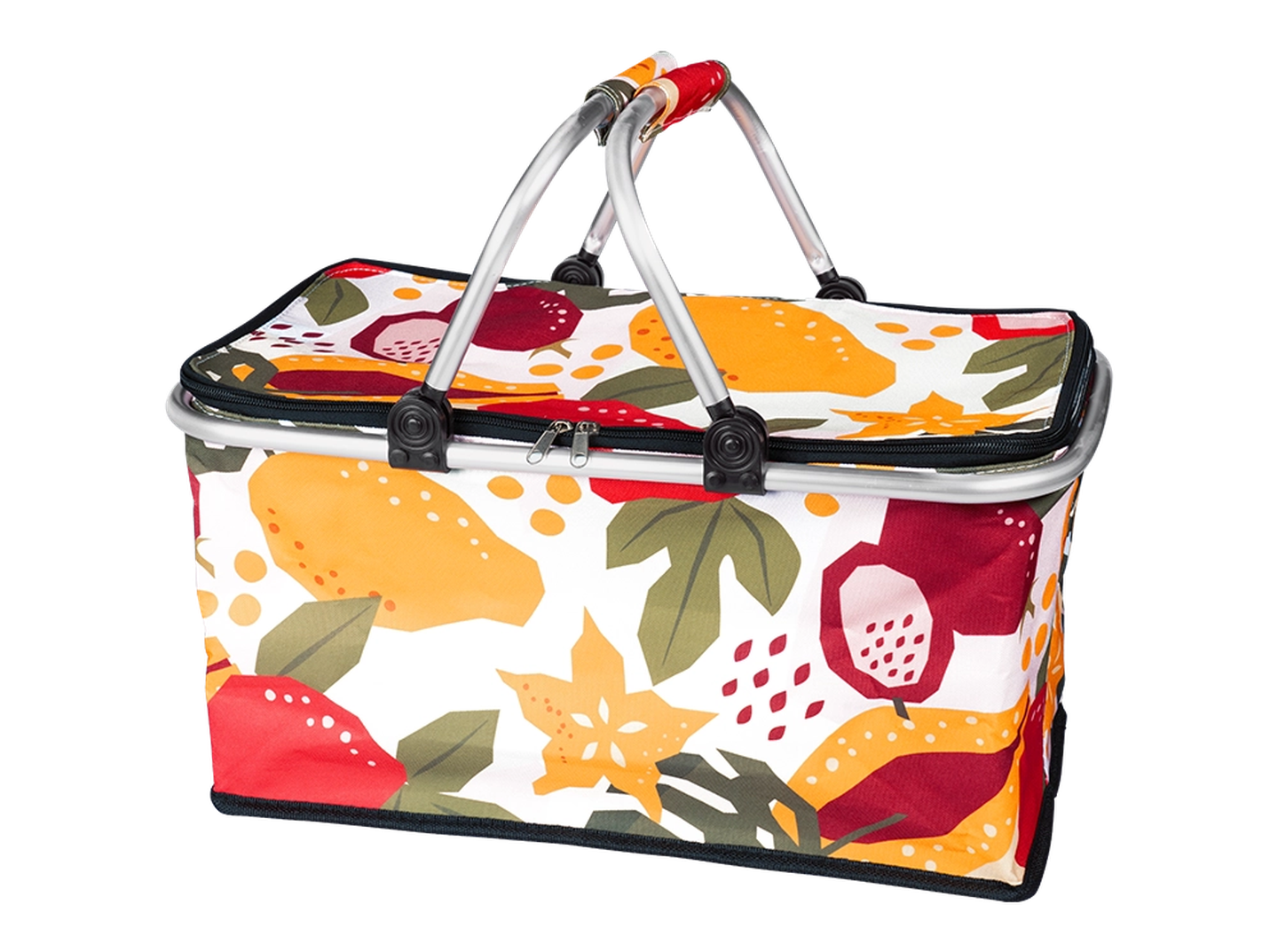 Farbenfroher, isolierter Picknickkorb mit Obst- und Blattmotiven, mit einem Reißverschlussdeckel und stabilen Metallgriffen mit roten Akzenten.