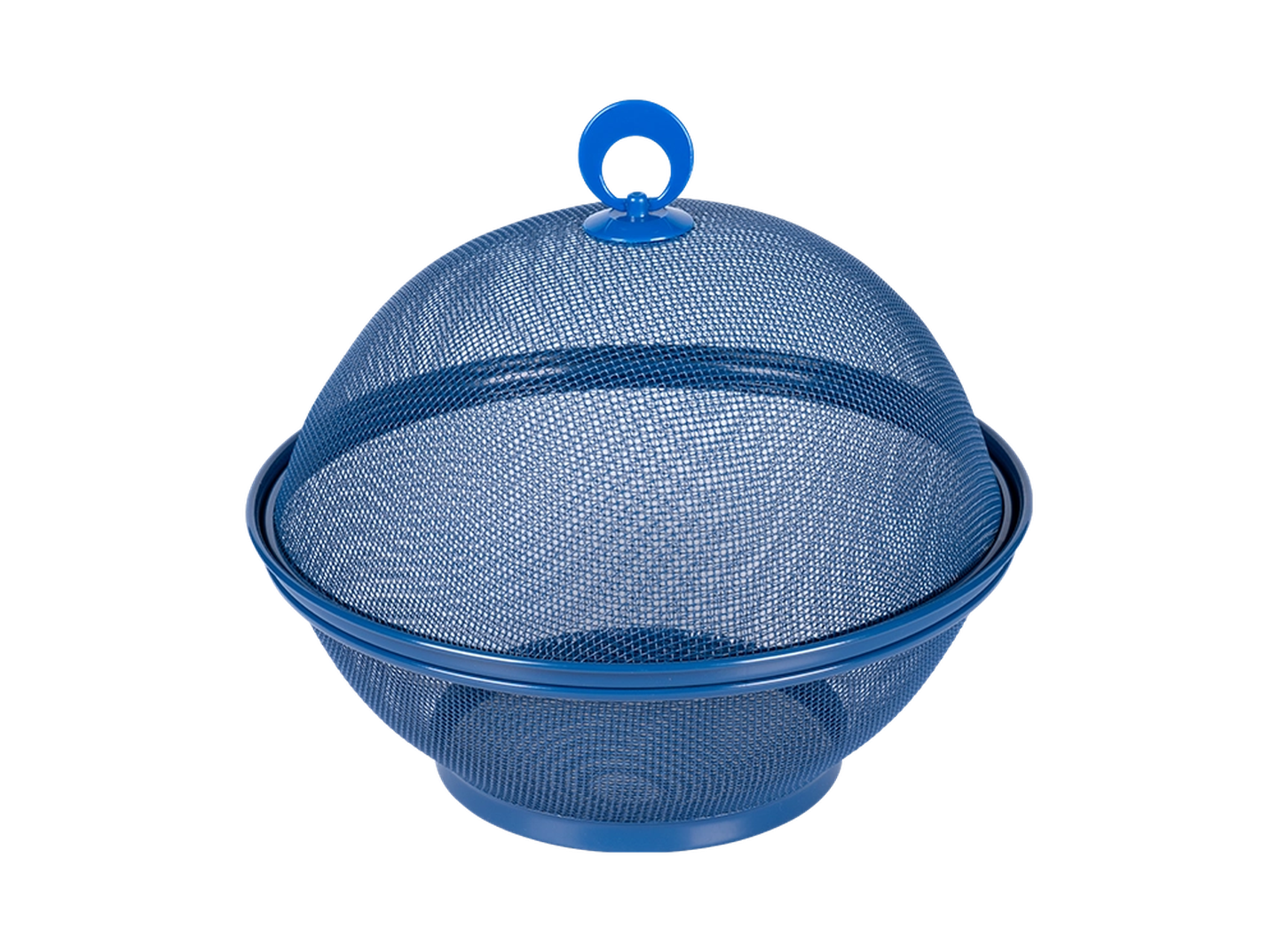 Blaue Netzabdeckung in runder Form mit einem kleinen Griff an der Oberseite, zum Schutz von Lebensmitteln oder Geschirr.