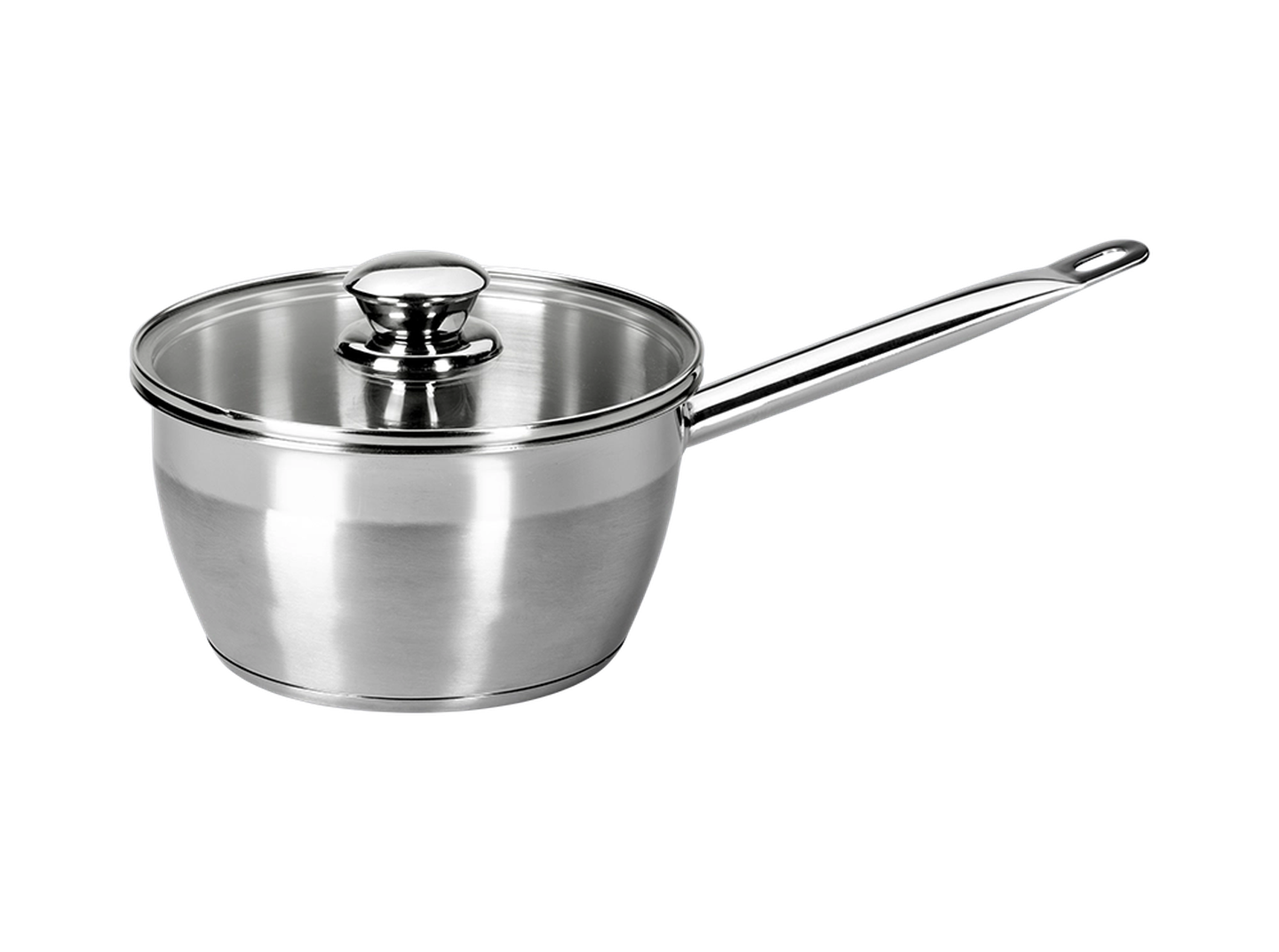 Ein Edelstahltopf mit Deckel und langem Griff, vor einem weißen Hintergrund.