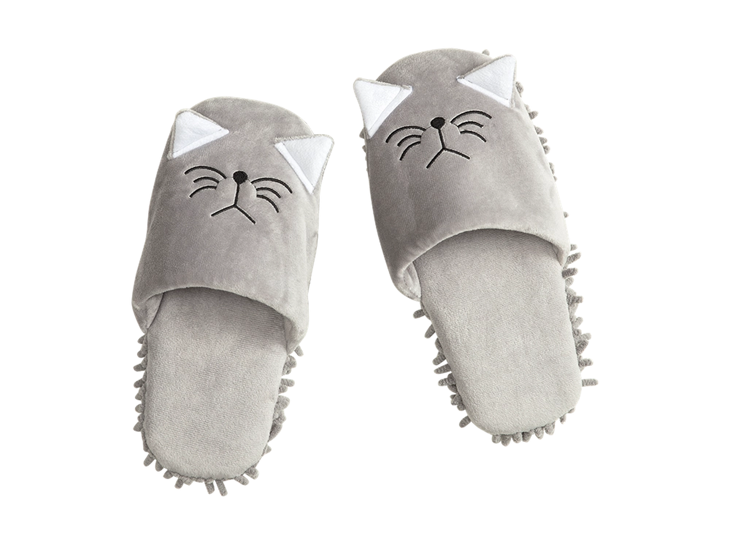 Graue Hausschuhe mit einer Stickerei in Form eines Katzengesichts und weißen Ohren, die sich durch ein weiches, strukturiertes Design auszeichnen.