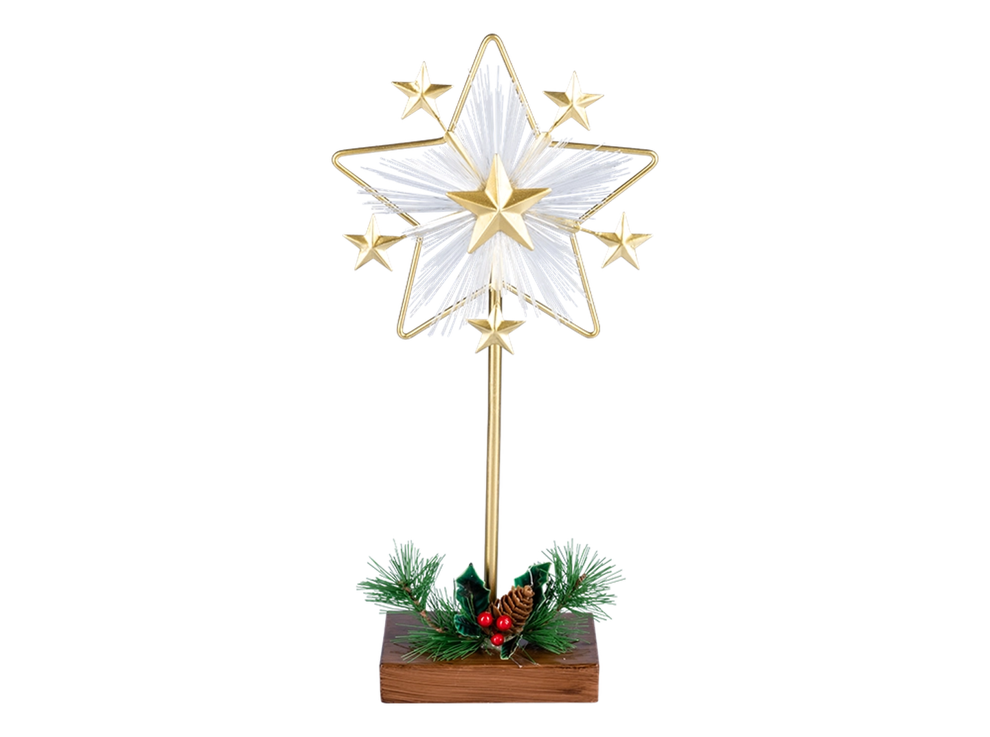 Goldfarbene Baumspitze mit kleineren Sternen, montiert auf einem Holzsockel, verziert mit Tannennadeln, roten Beeren und einem Tannenzapfen.