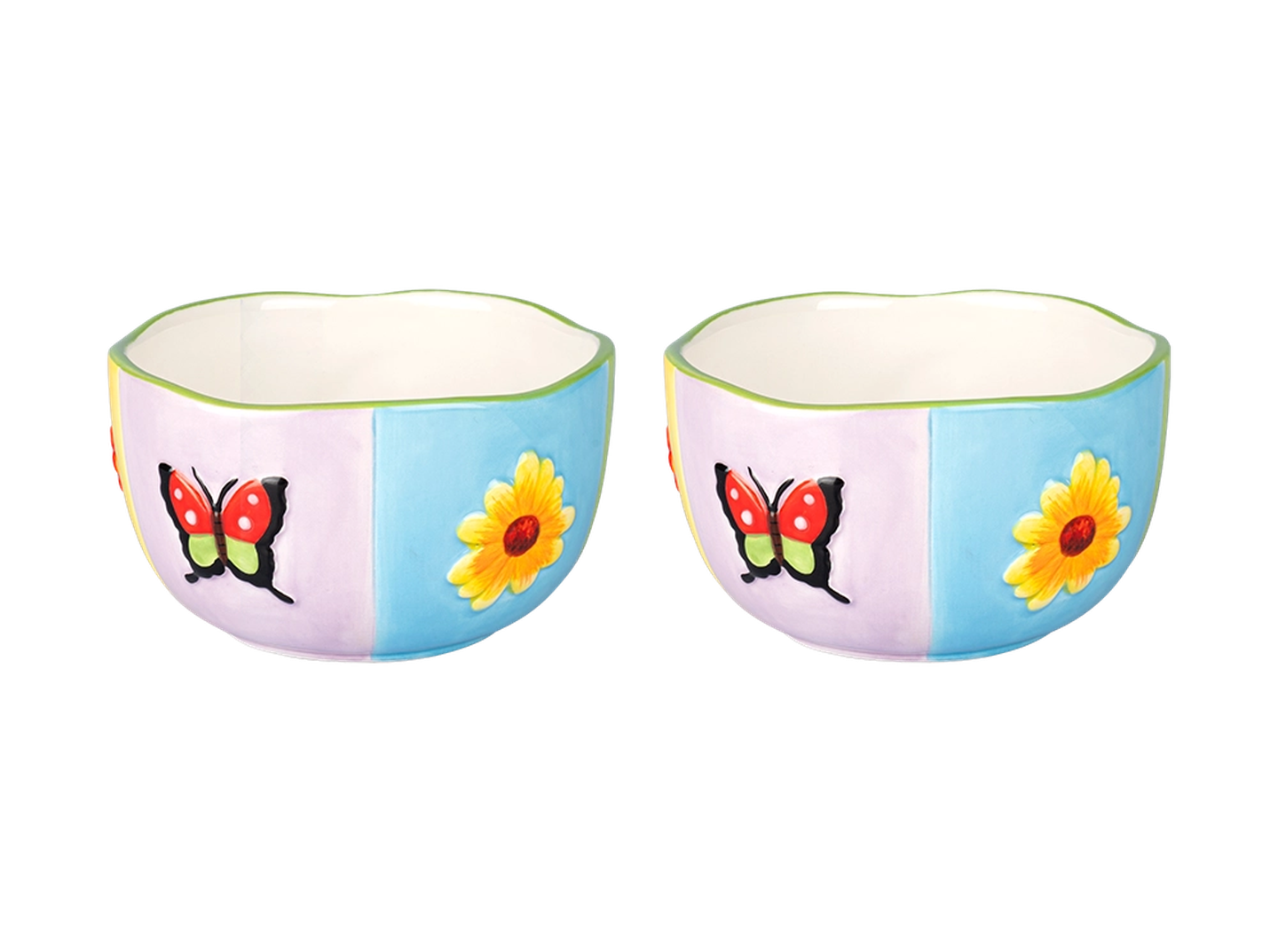 Zwei weiße Keramikschalen mit bunten Schmetterlings- und Sonnenblumenmotiven auf blauem und violettem Hintergrund.
