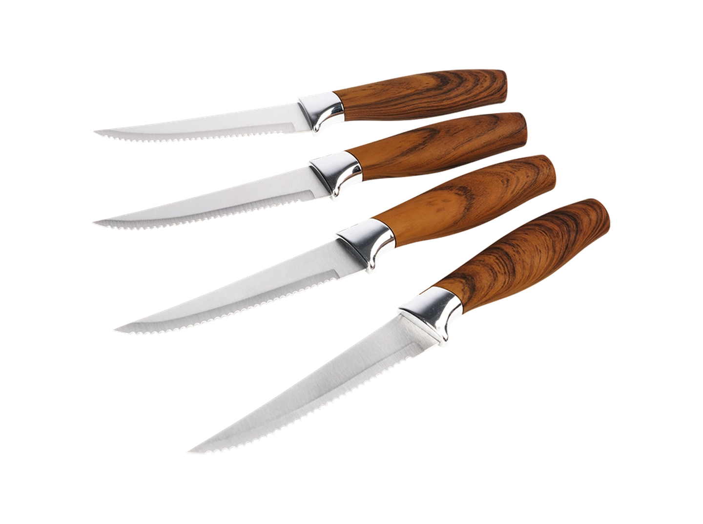 Vierer-Set gezackter Messer mit polierten Holzgriffen, parallel angeordnet.