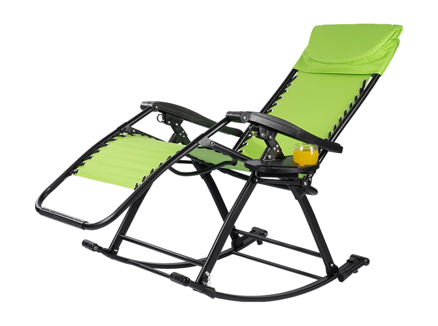 Grüner Liegesessel im Zero-Gravity-Stil mit schwarzem Gestell, ausgestattet mit einem Getränkehalter, in dem ein Glas Orangensaft steht.