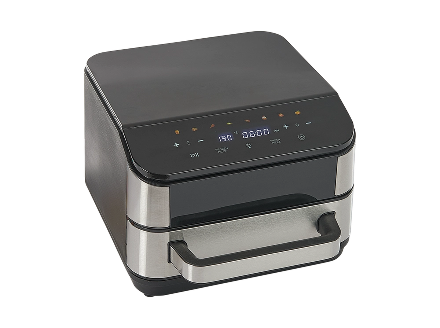 Eine moderne Heißluftfritteuse aus Edelstahl mit einem digitalen Bedienfeld zur Anzeige der Temperatur- und Zeiteinstellungen und einem Griff an der Vorderseite.