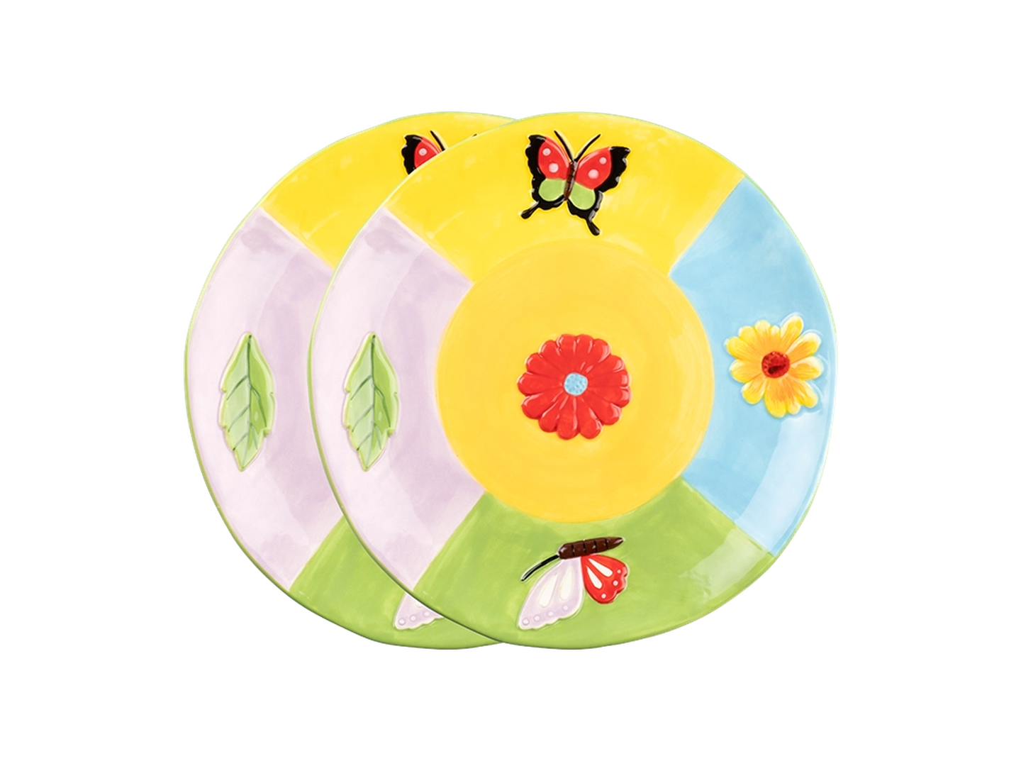 Zwei farbenfrohe Teller mit Blumen- und Schmetterlingsmotiven, verziert mit roten und gelben Blumen sowie grünen Blättern.