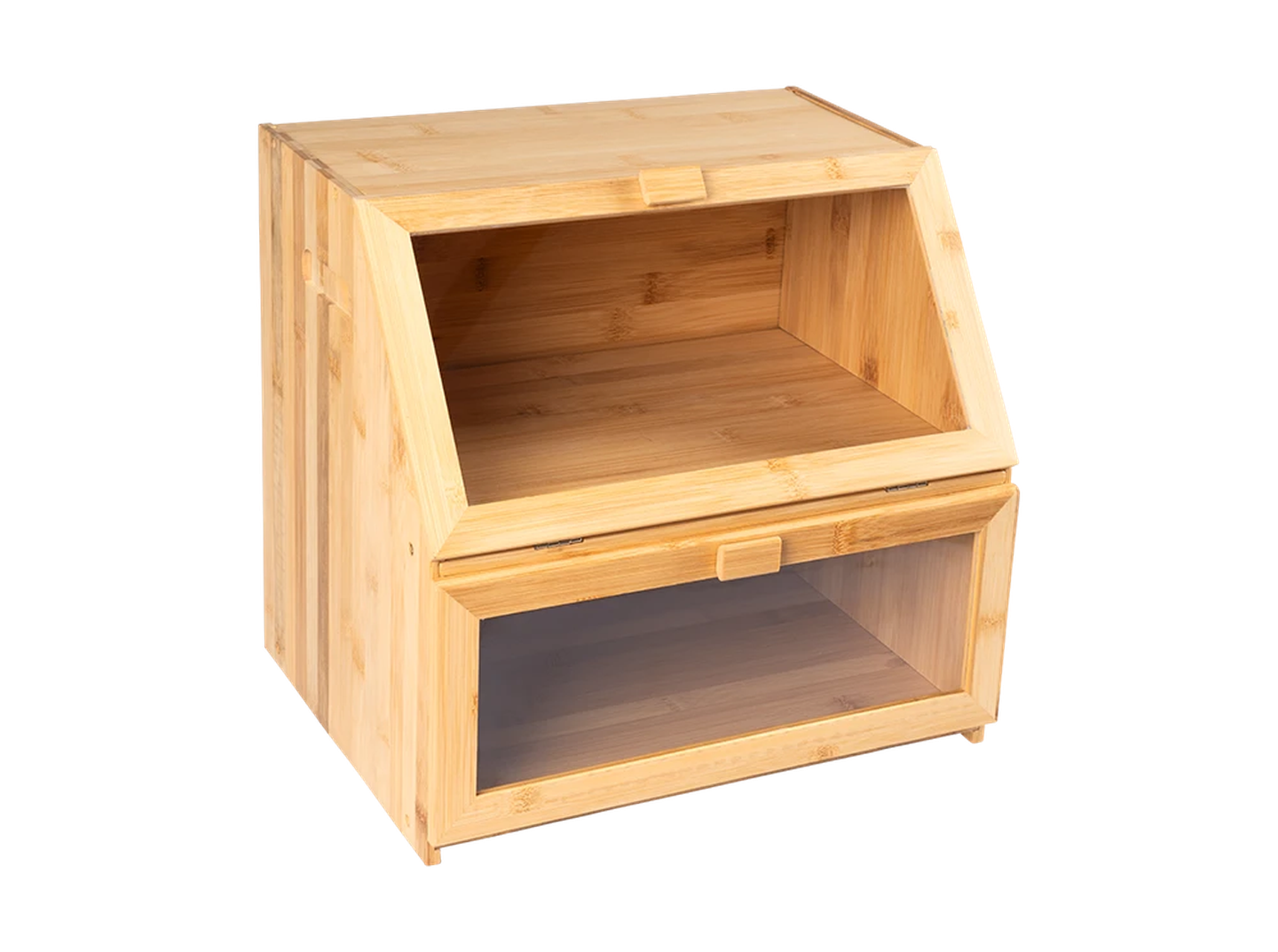 Holzaufbewahrungsbox mit zwei Fächern; der obere Teil ist offen, der untere Teil hat eine transparente Frontblende.