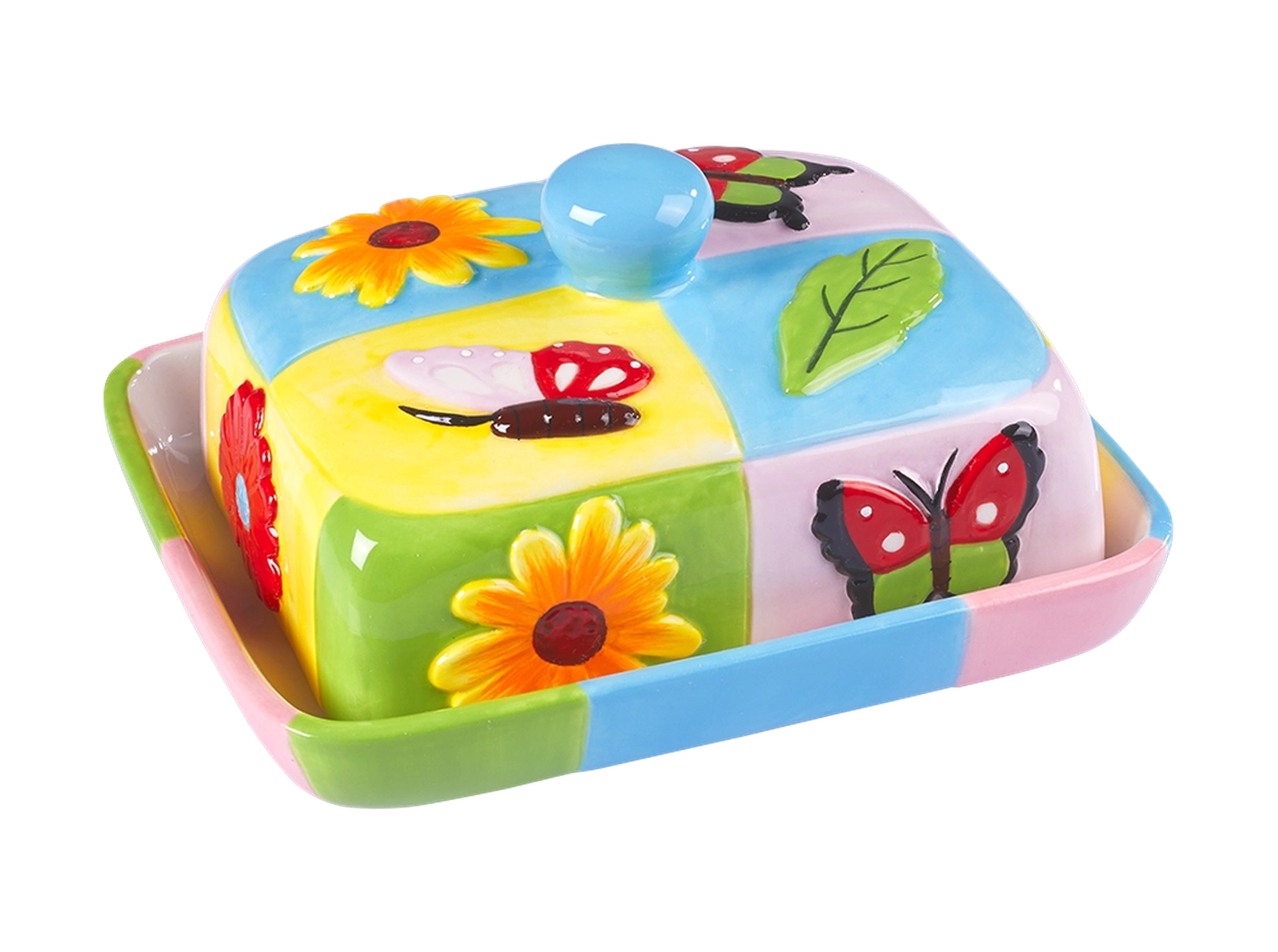 Farbenfrohe Butterdose aus Keramik mit Schmetterlings-, Blumen- und Blattmotiven auf einer bemalten Platte, mit passendem Deckel und Knaufgriff.