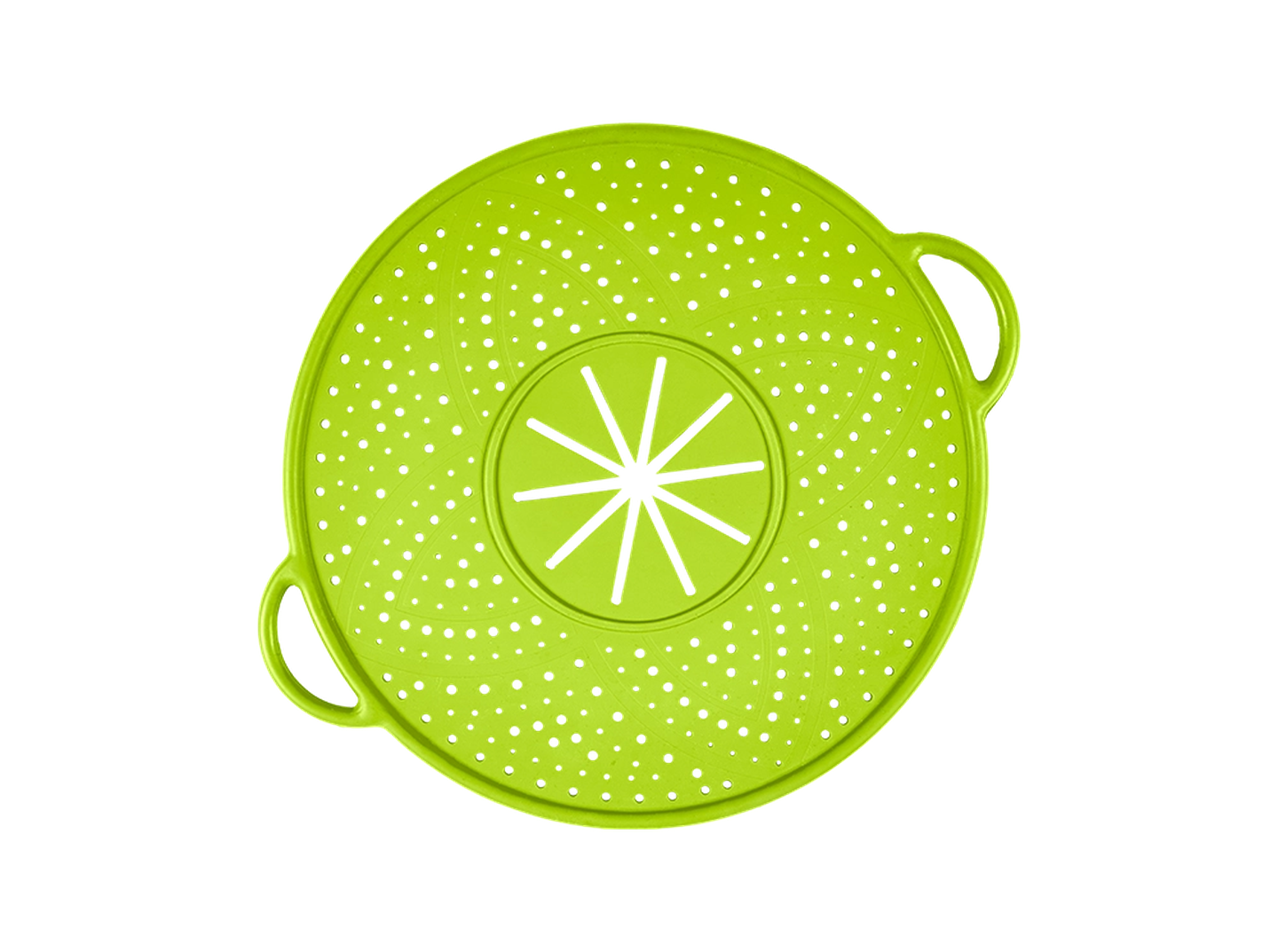 Grüner Silikon-Spritzschutz mit Blumenmuster, zwei seitlichen Griffen und Perforationen zur Belüftung.