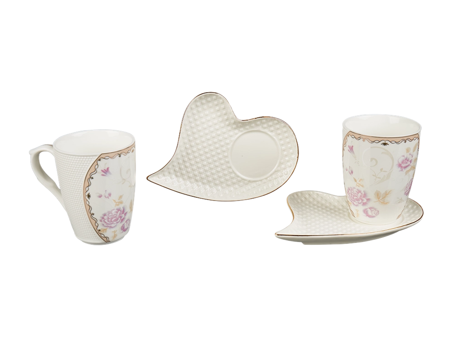 Zwei Tassen mit Blumenmuster und herzförmigen Untertassen, verziert mit eleganten rosa und violetten Blumen auf weißem Hintergrund.