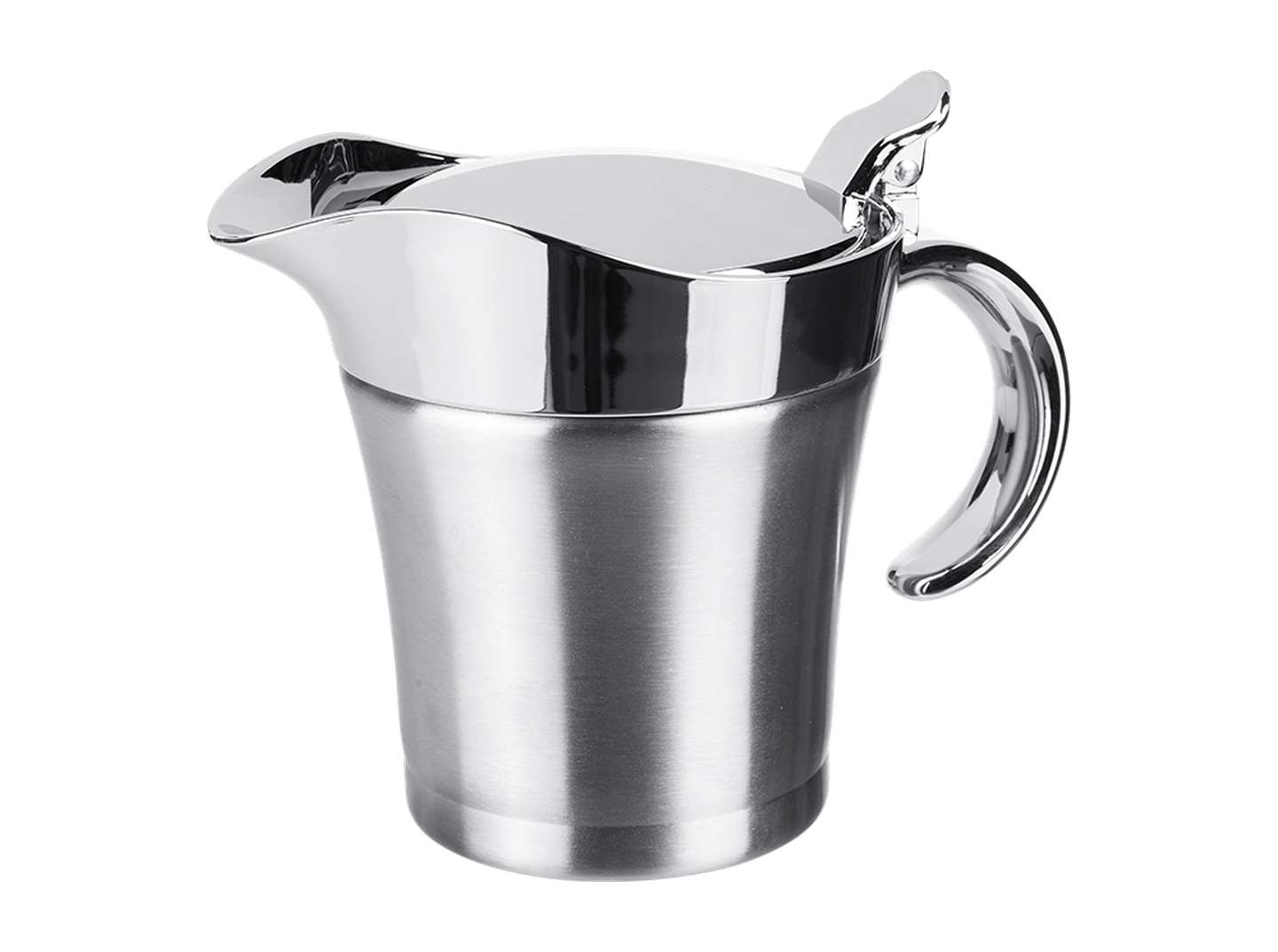 Edelstahlkanne mit schlankem Design, gebogenem Griff und Klappdeckel vor weißem Hintergrund.